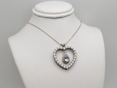 14K White Gold Platinum Aquamarine Diamond Heart Pendant Necklace Floating Drop