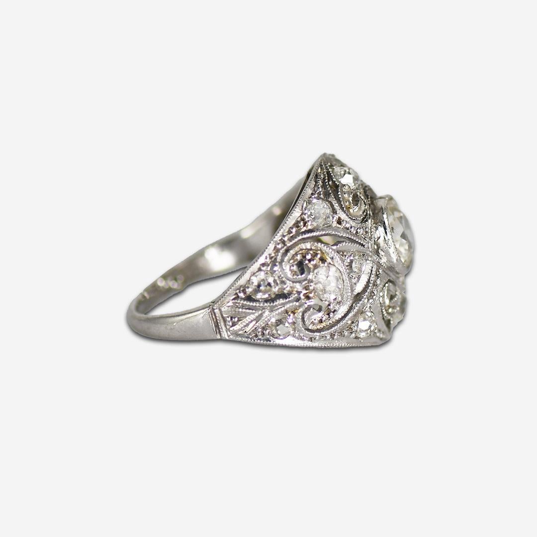 Old Mine Cut 14K White Gold/Platinum Art Deco Diamond Ring 1.45 ct For Sale
