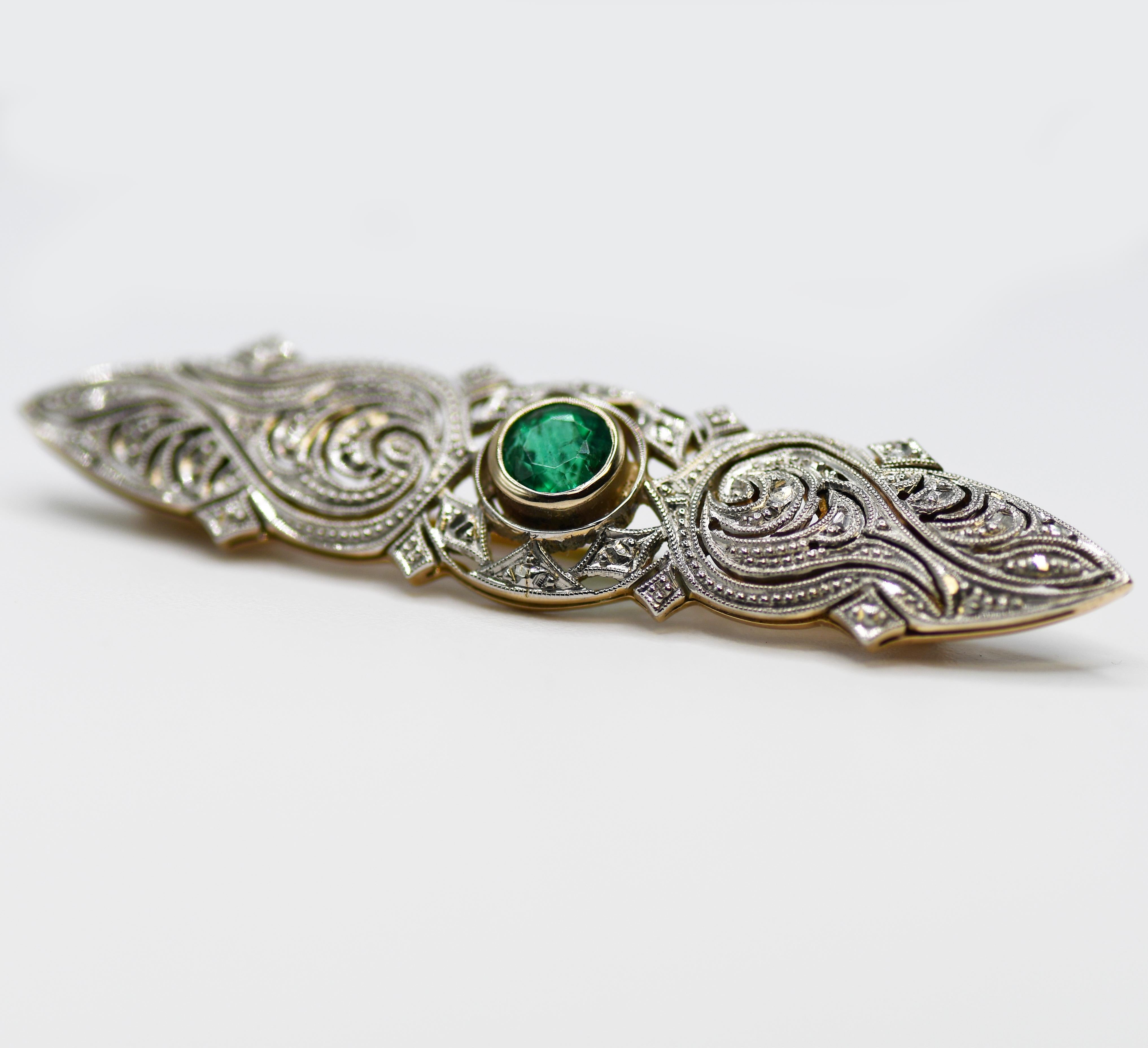 Emerald Cut 14K White Gold & Platinum Emerald Art Deco Pin, .60ct, 6.2gr, with Original Box For Sale