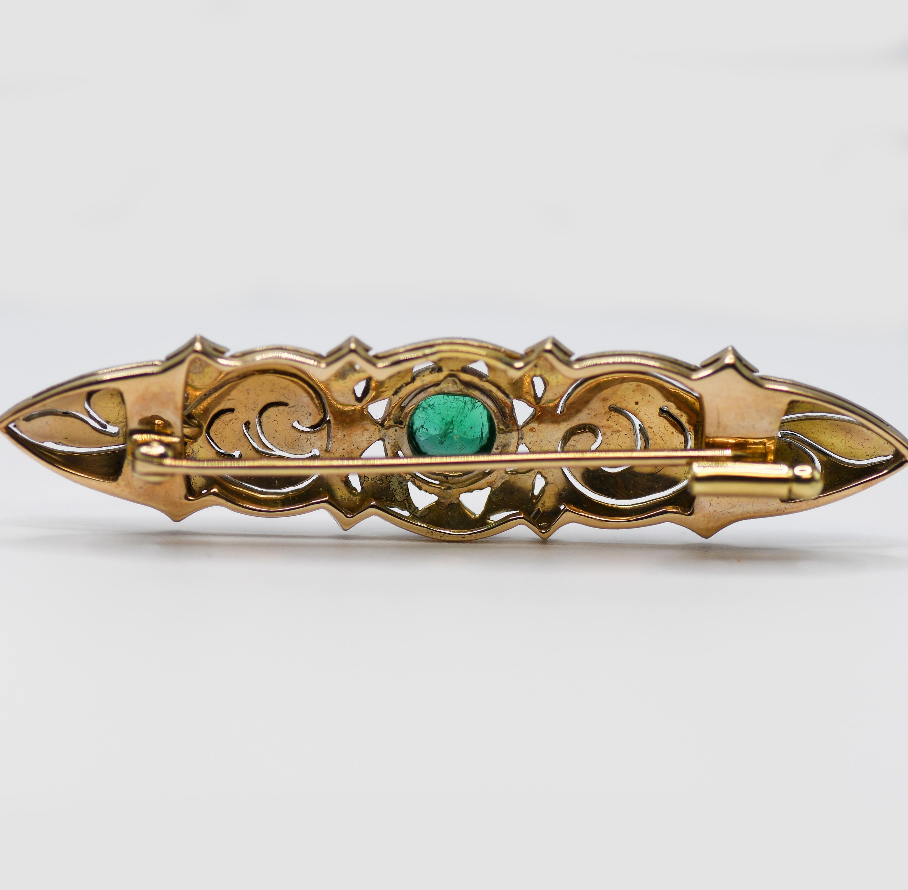 Women's or Men's 14K White Gold & Platinum Emerald Art Deco Pin, .60ct, 6.2gr, with Original Box For Sale