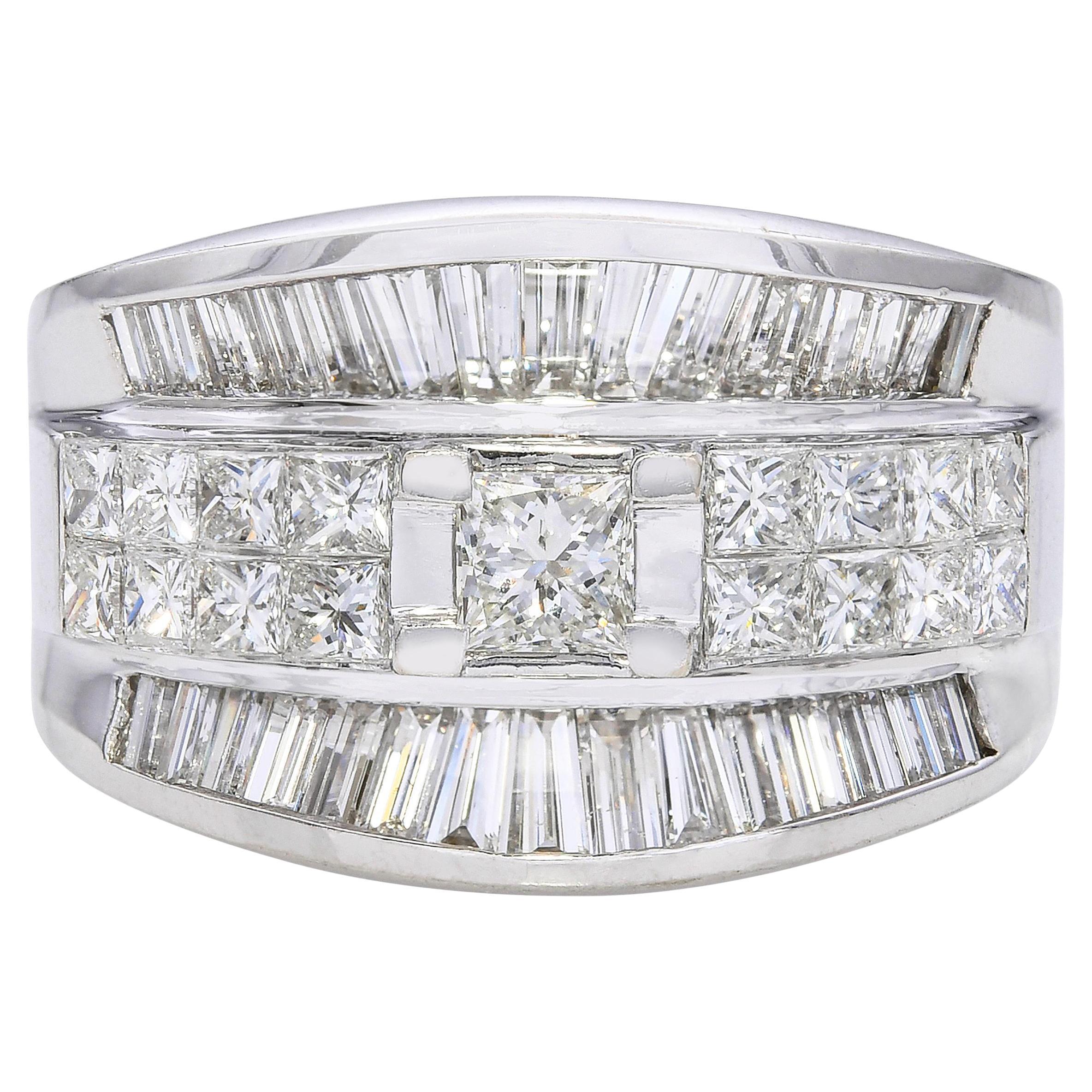 14k White Gold Princess Cut and Baguette Diamond Statement Ring