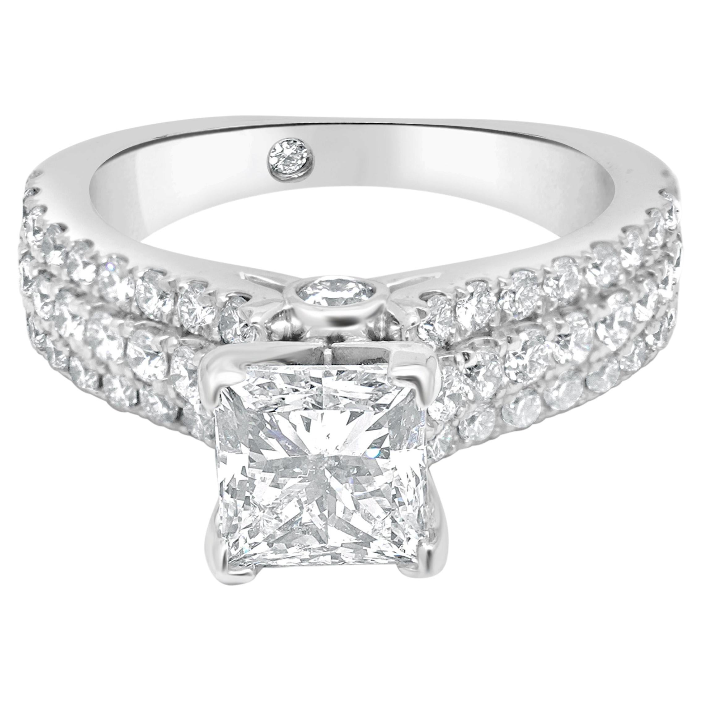 14K White Gold Princess Cut and Round Diamond 3-Row Engagement Ring
