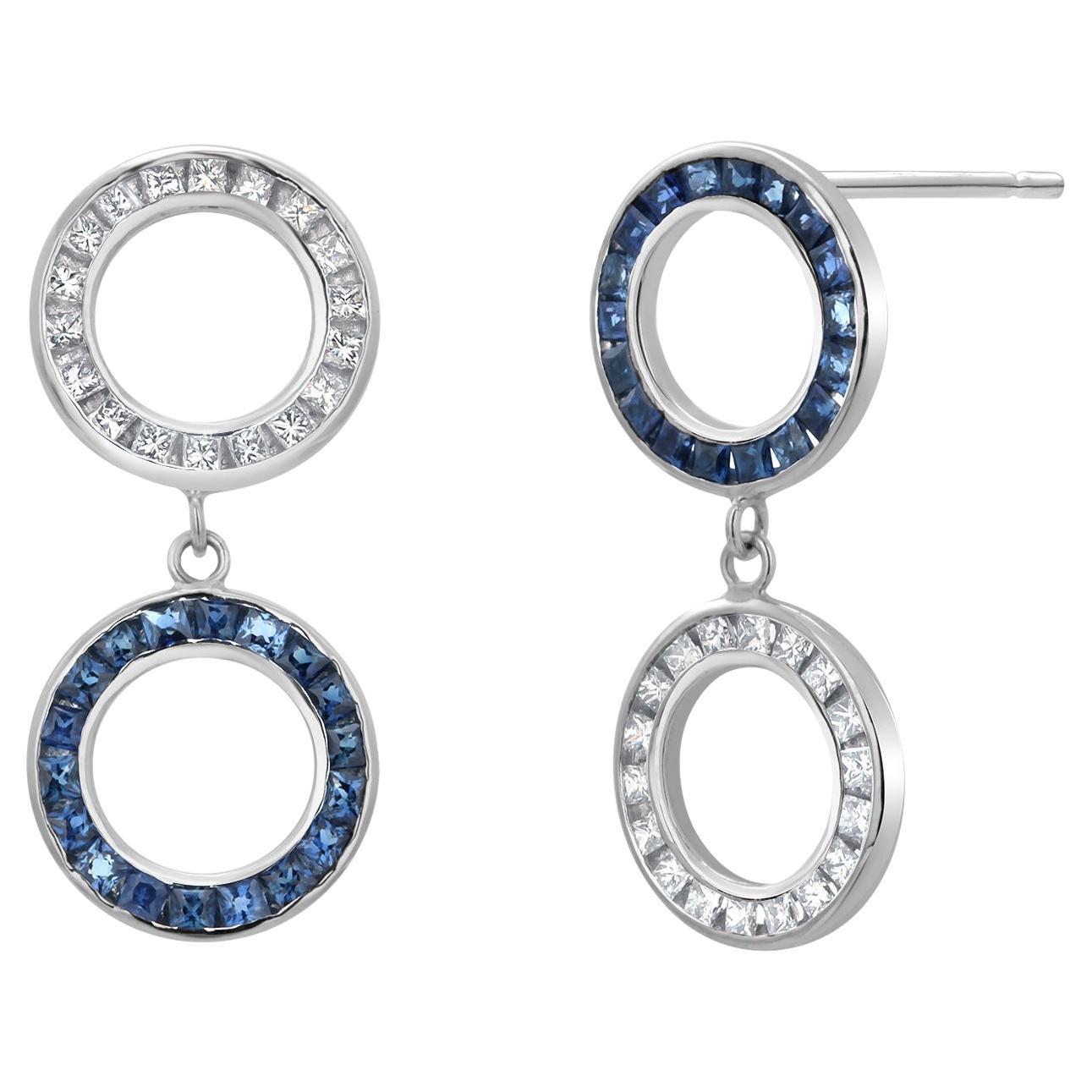 Boucles d'oreilles double cercle en or blanc 14K, diamant taille princesse et saphir en vente