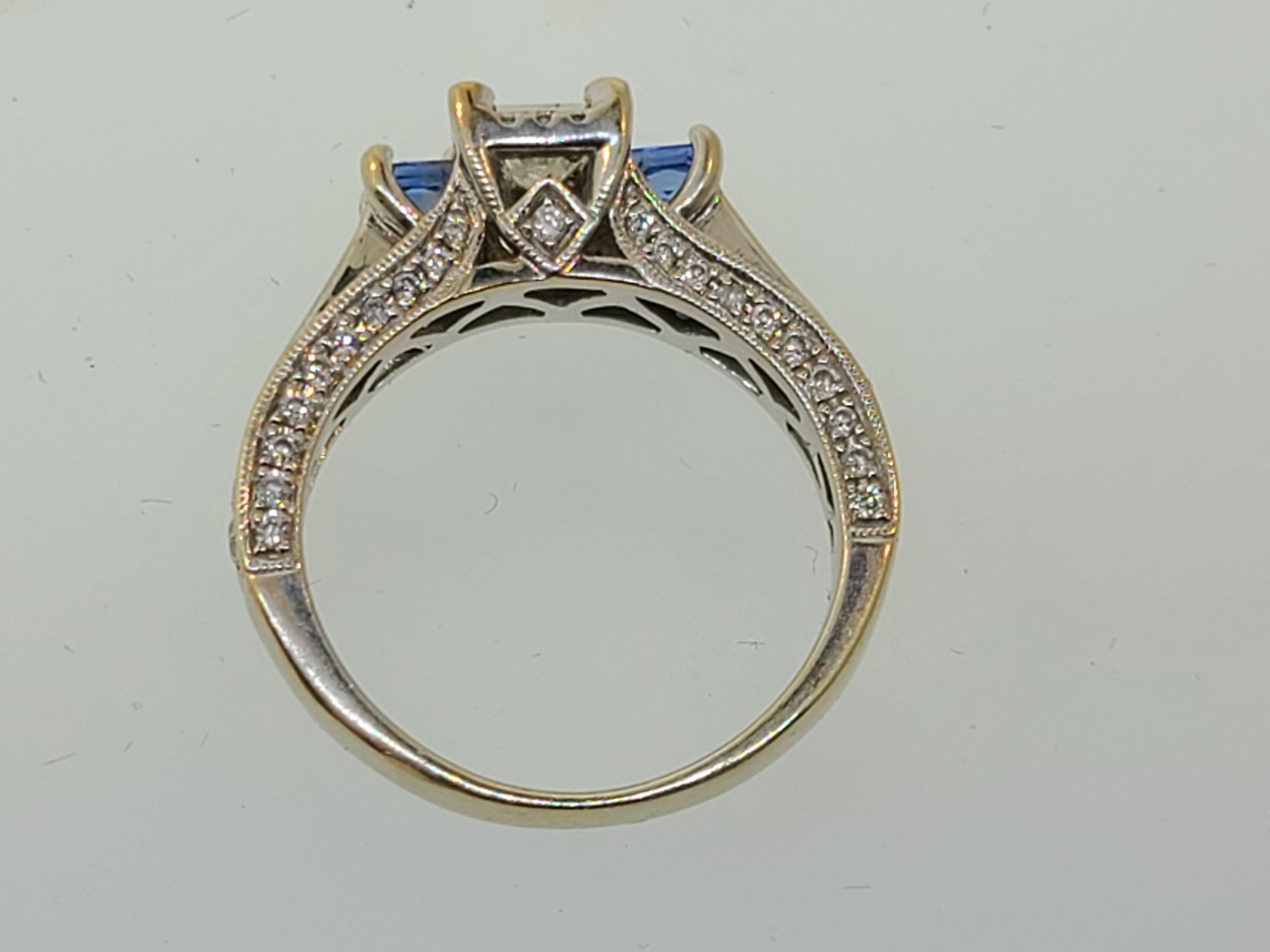 Sapphire & Diamond Three-Stone Milgrain Channel Engagement Ring in 14k WG In Good Condition In Endwell, NY