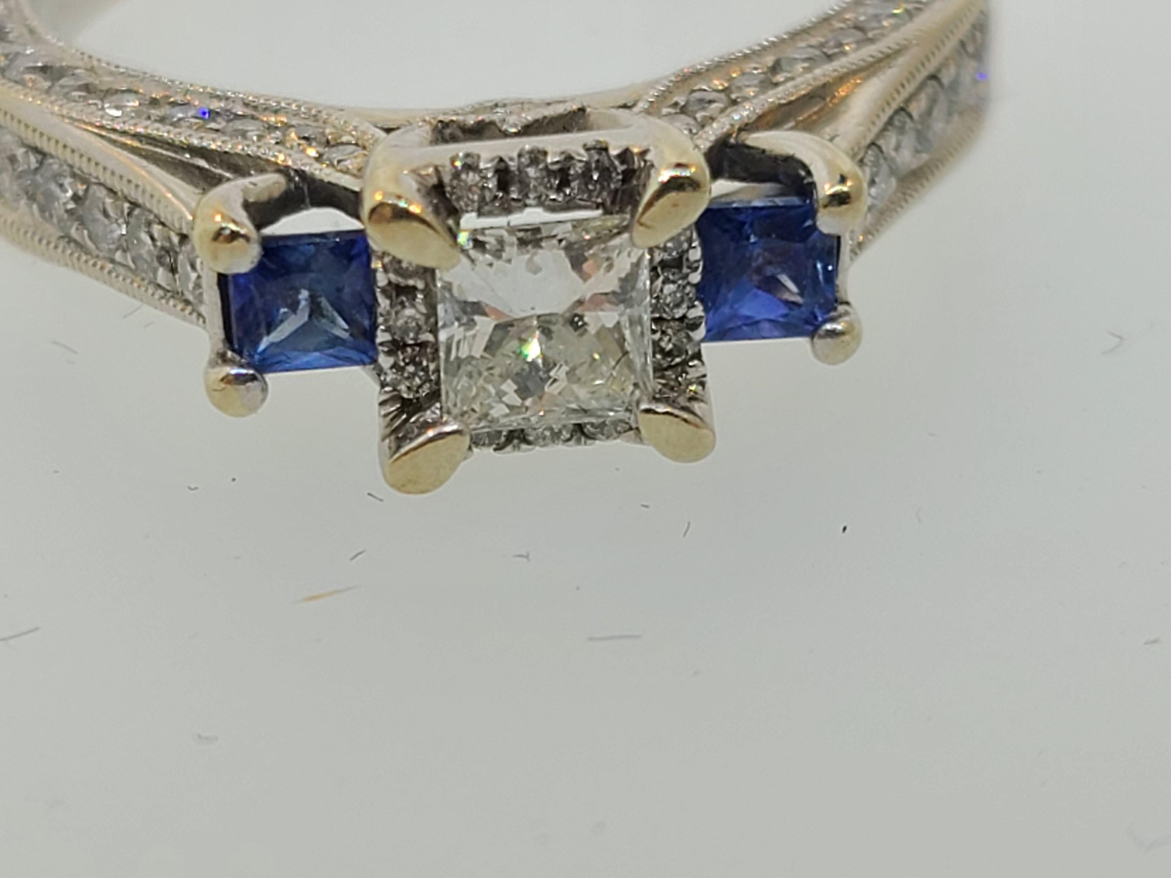 Sapphire & Diamond Three-Stone Milgrain Channel Engagement Ring in 14k WG 2