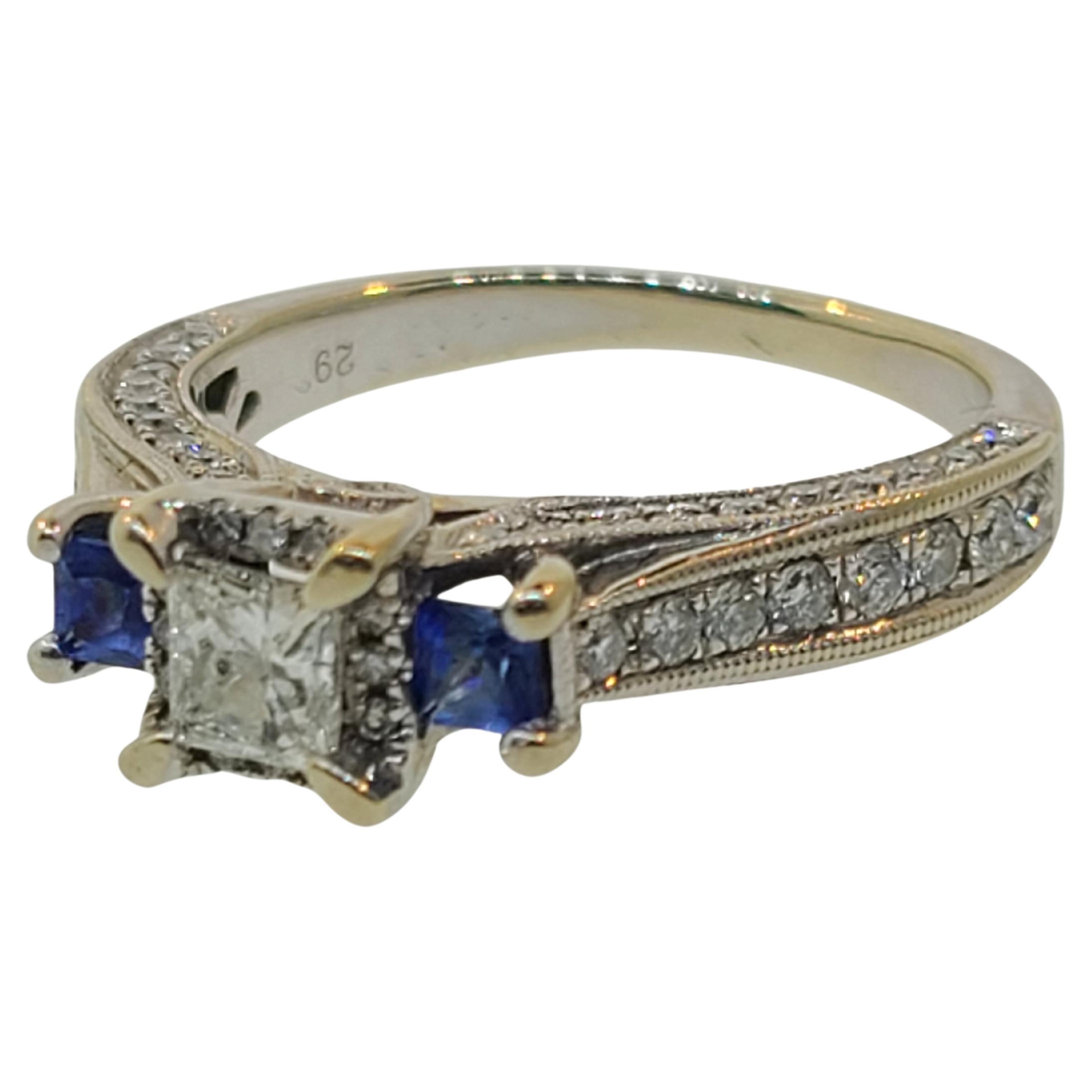 Sapphire & Diamond Three-Stone Milgrain Channel Engagement Ring in 14k WG