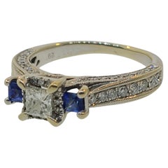 Vintage Sapphire & Diamond Three-Stone Milgrain Channel Engagement Ring in 14k WG