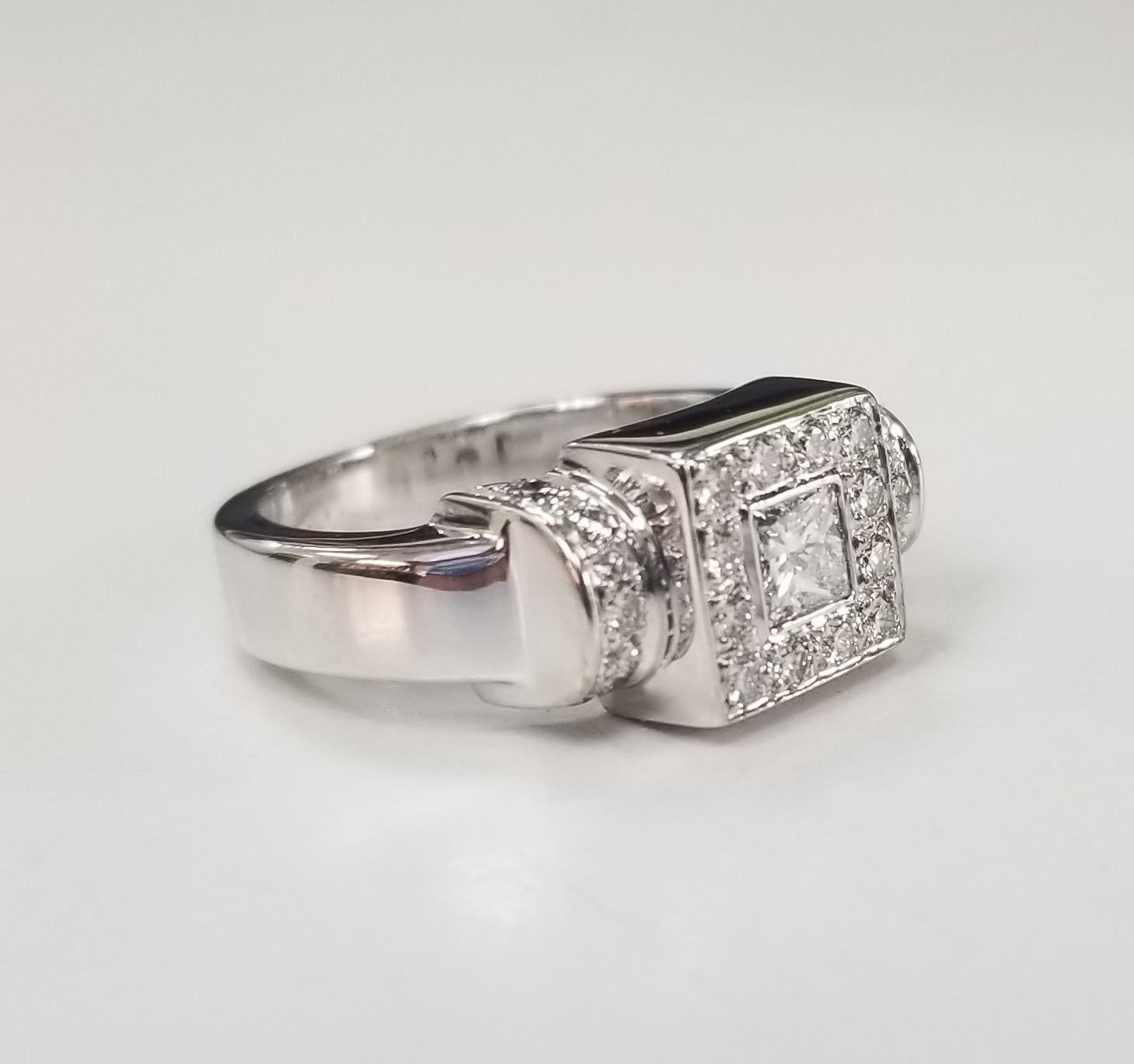  Specifications:
    MAIN stone: Diamond Princess cut .30pts.   
    ADDITIONAL STONE: 22 round diamonds .50pts.
    COLOR/clarity: F/VS
    metal: 14K WHITE GOLD
    type: RING
    weight: 8.8 GRS 
    SIZE: 7US
    hallmark: 14K