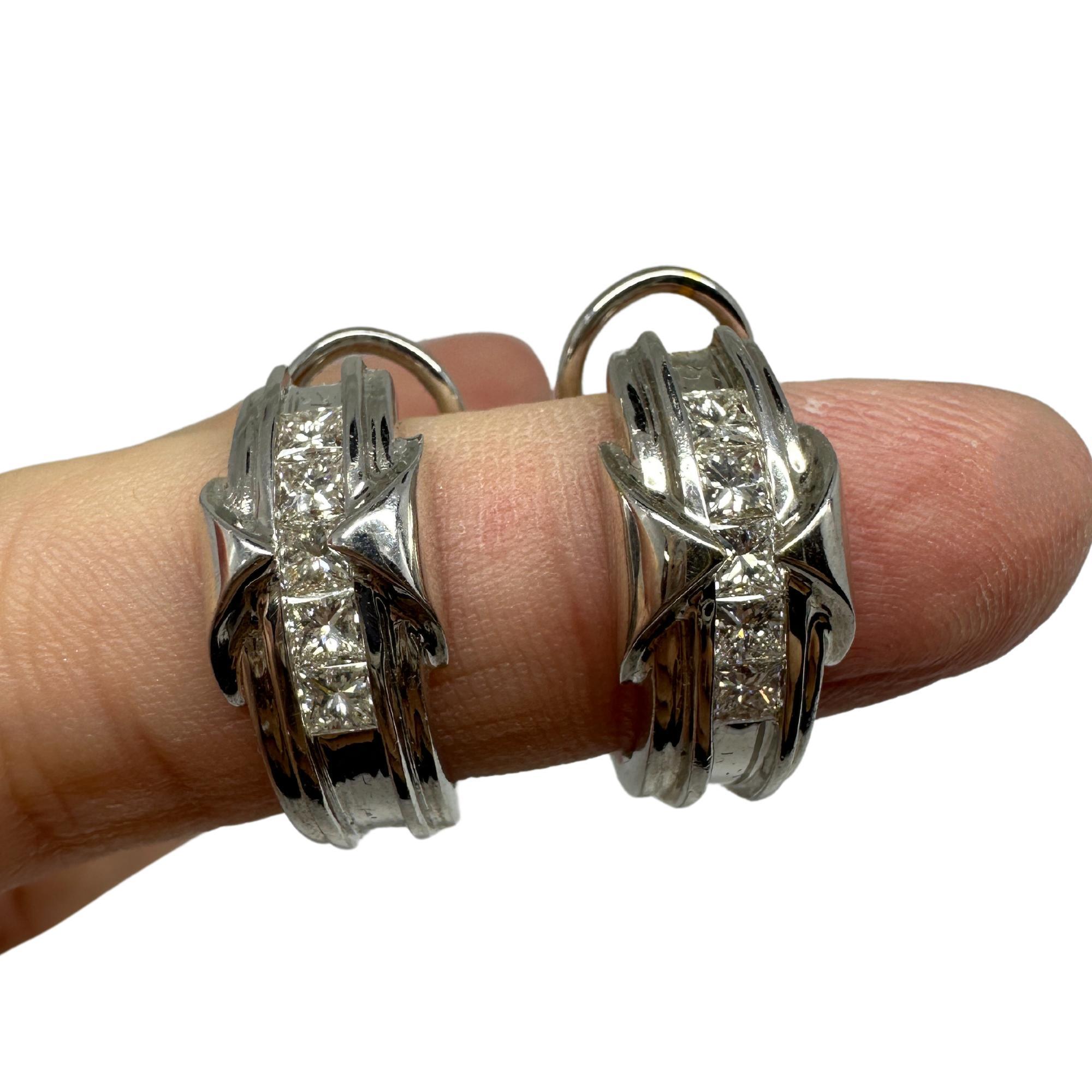 14K White Gold Princess Cut Diamond Huggies For Sale 2