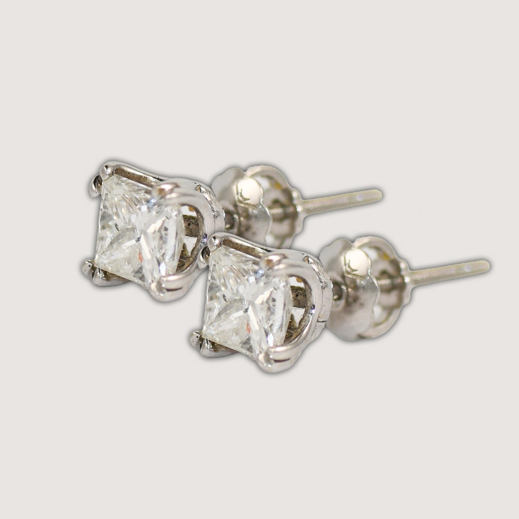 14K White Gold Princess Cut Diamond Stud Earrings 1.00 ct For Sale 1