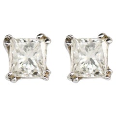 14K White Gold Princess Cut Diamond Stud Earrings 1.00 ct