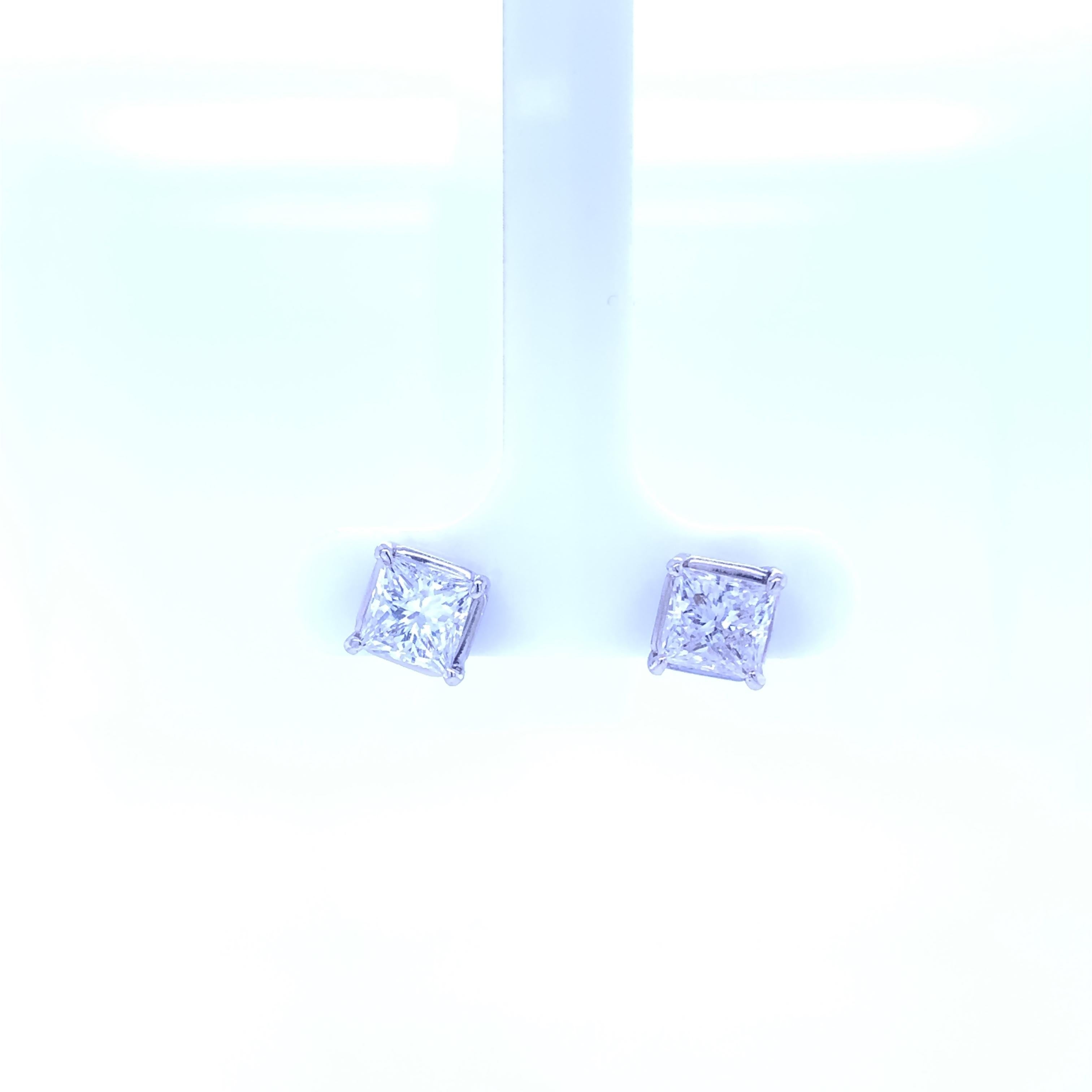 14K White Gold Princess Cut Diamond Stud Earrings 2.50 Total Carat In Excellent Condition In Aventura, FL
