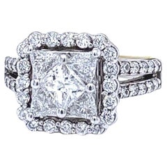 14K White Gold Princess Cut Diamonds with Pave Round Diamond Cluster Ring