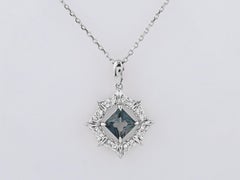 14K White Gold Princess Cut London Blue Topaz Starburst Halo Pendant