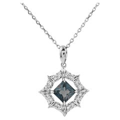 14K White Gold Princess Cut London Blue Topaz Starburst Halo Pendant