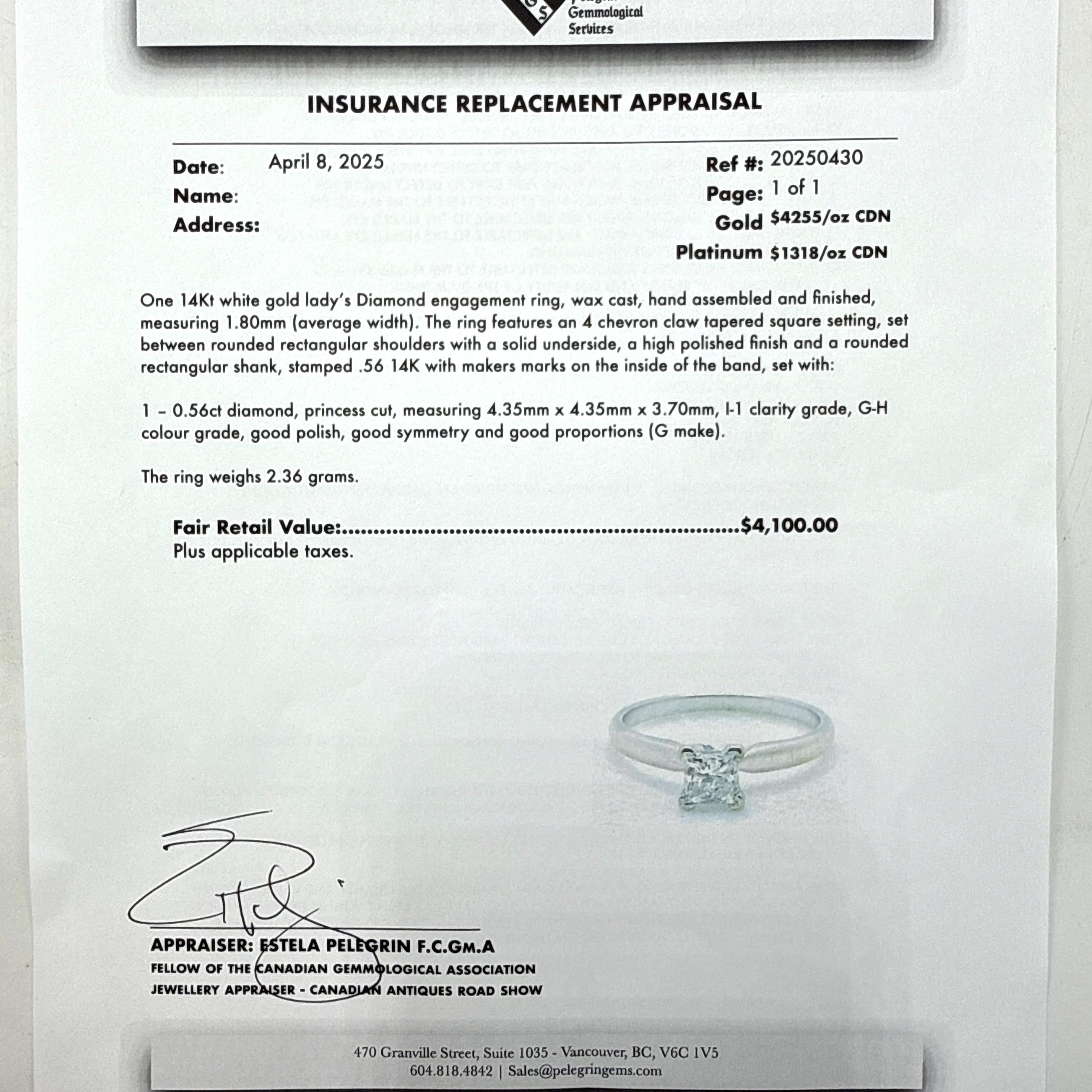 Bague de fiançailles en or blanc 14 carats diamant naturel taille princesse - 0,56 carat en vente 2