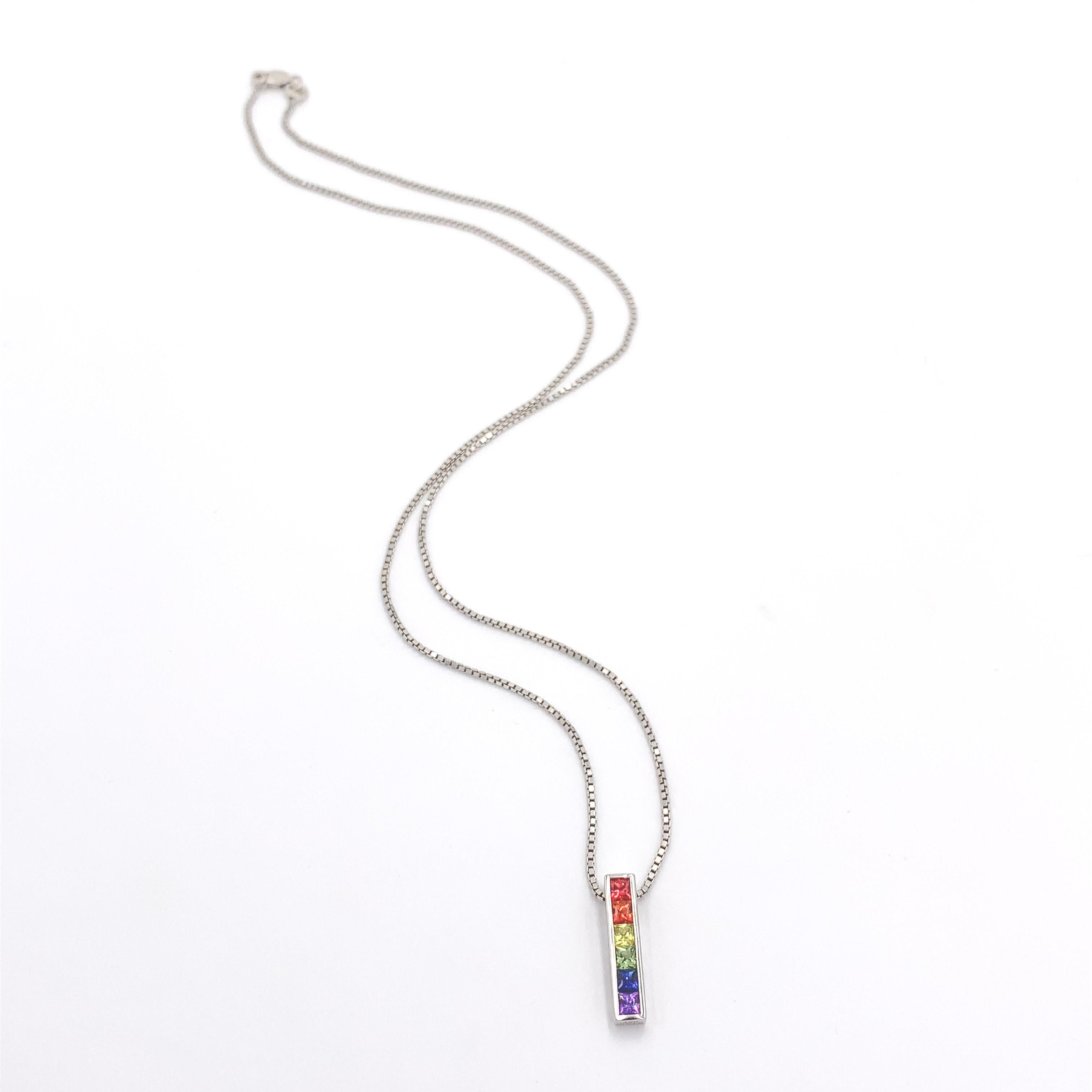 Contemporary 14K White Gold princess cut Rainbow Sapphire Pendant with chain For Sale