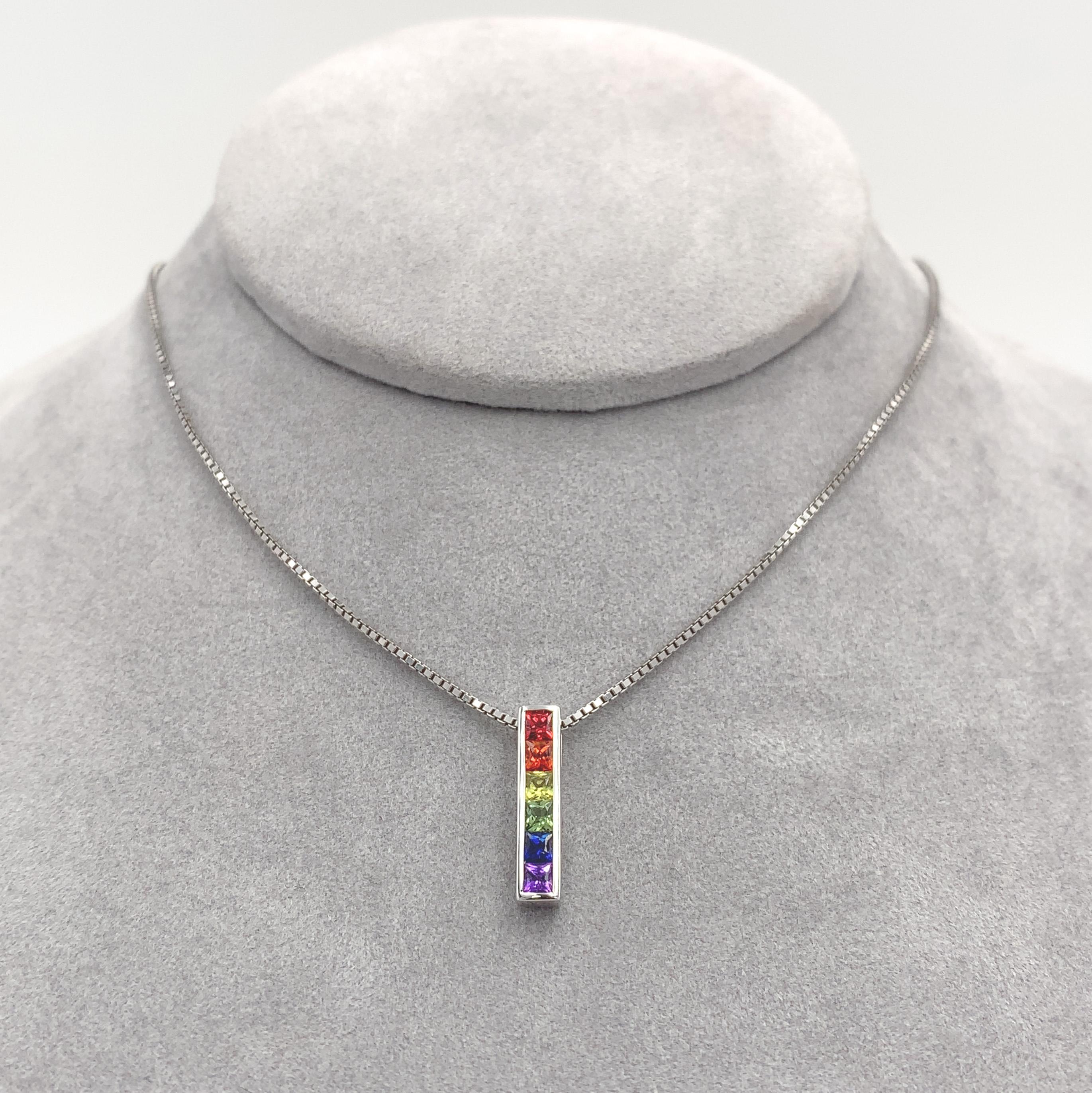 Princess Cut 14K White Gold princess cut Rainbow Sapphire Pendant with chain For Sale