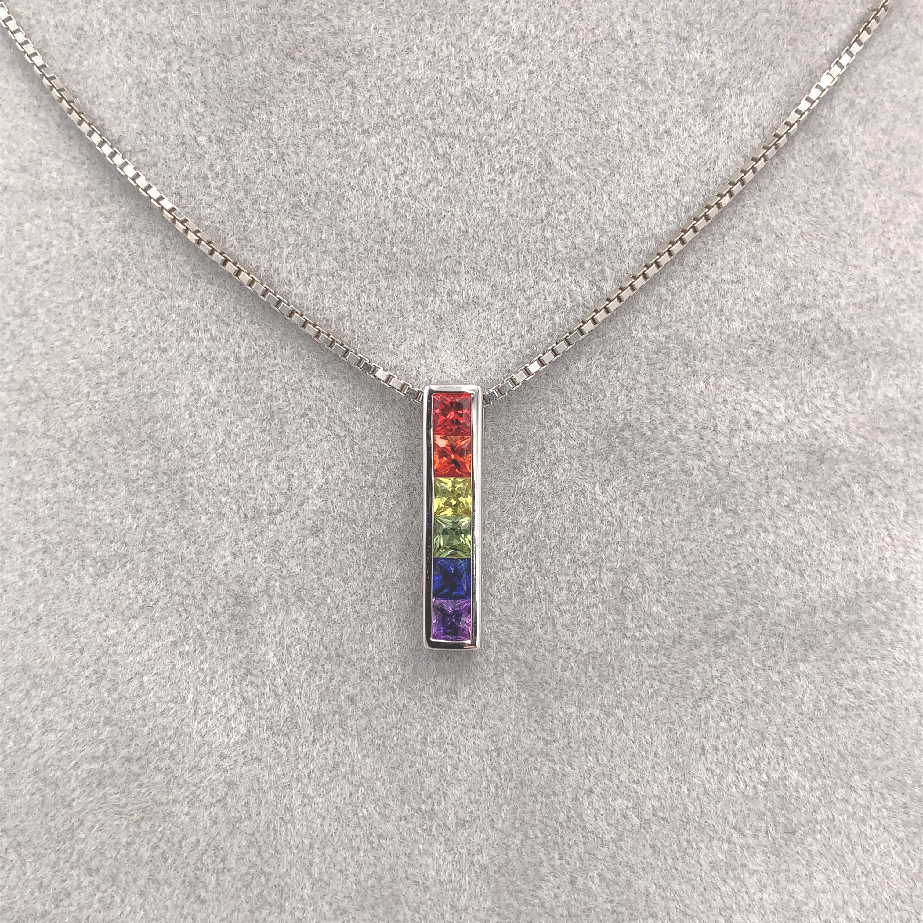 14K White Gold princess cut Rainbow Sapphire Pendant with chain In Excellent Condition For Sale In Big Bend, WI