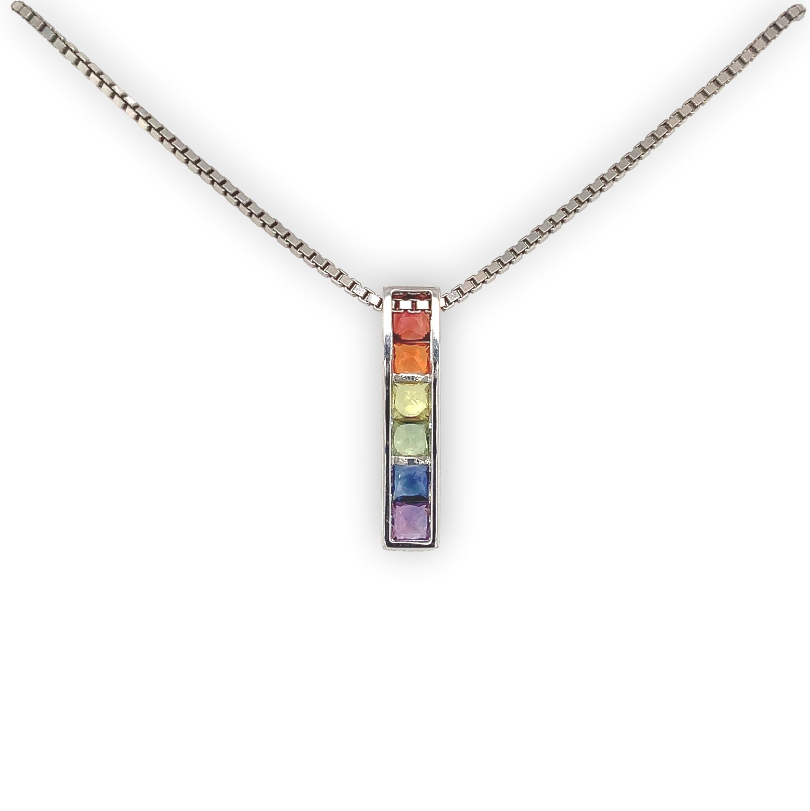 Women's 14K White Gold princess cut Rainbow Sapphire Pendant with chain For Sale