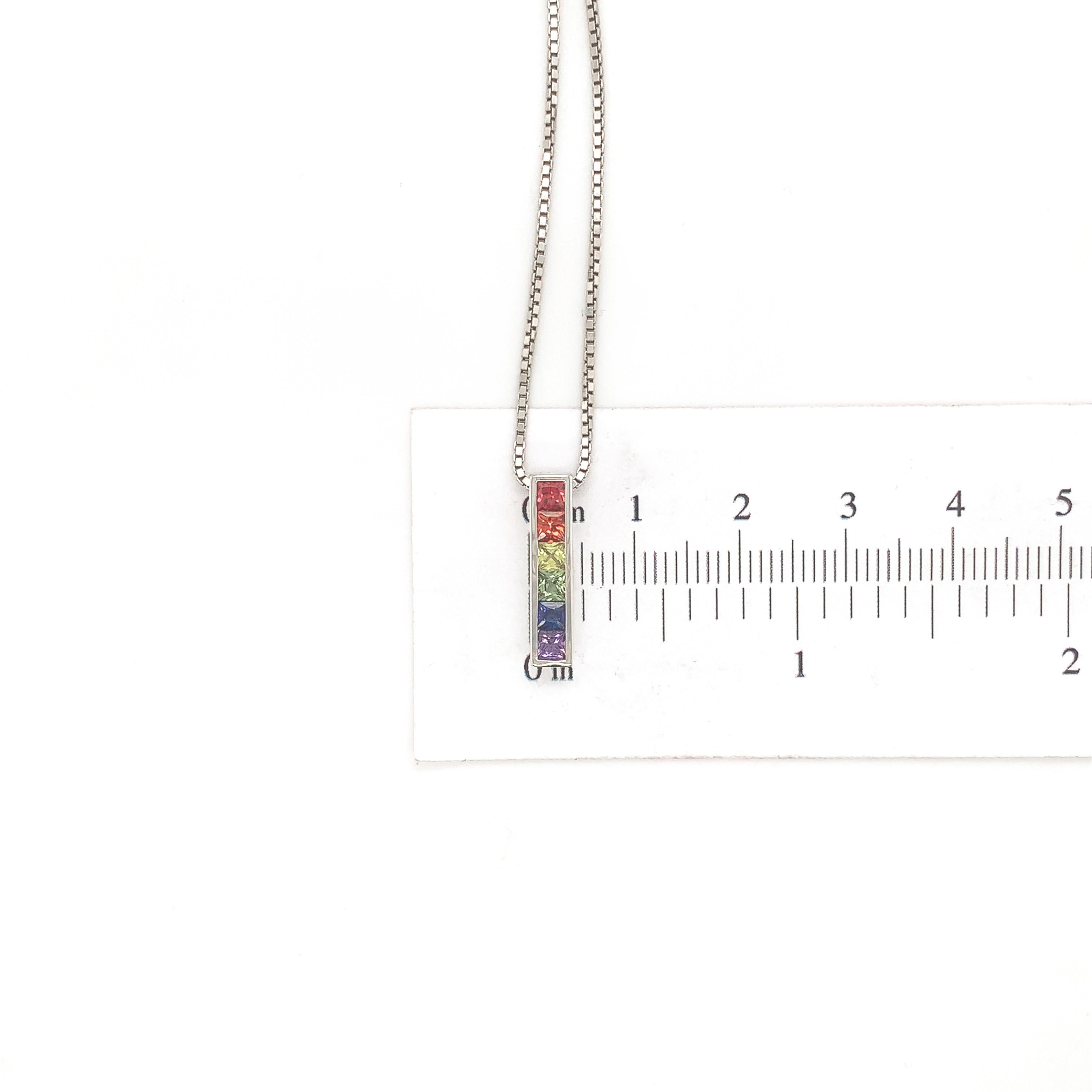 14K White Gold princess cut Rainbow Sapphire Pendant with chain For Sale 1