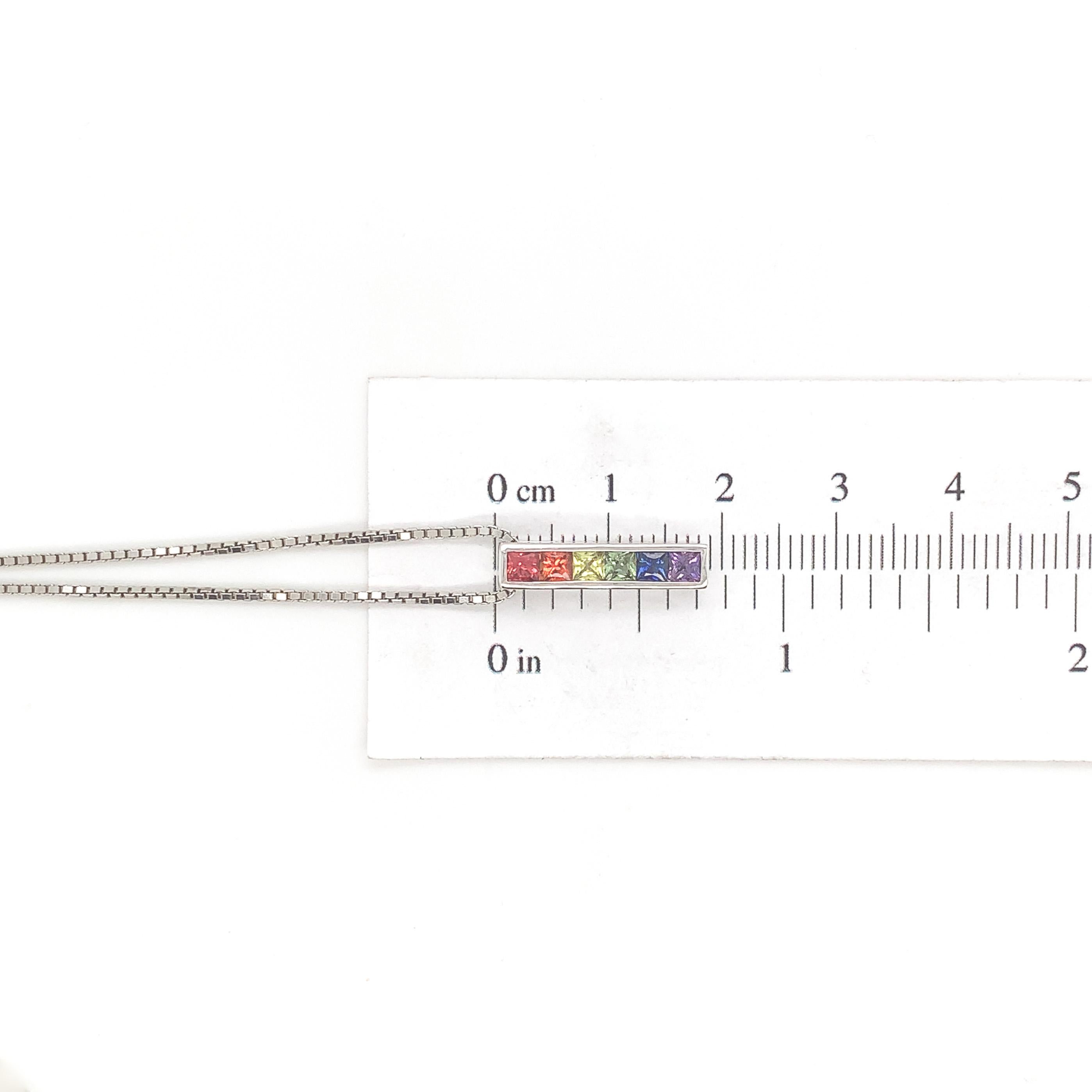 14K White Gold princess cut Rainbow Sapphire Pendant with chain For Sale 2