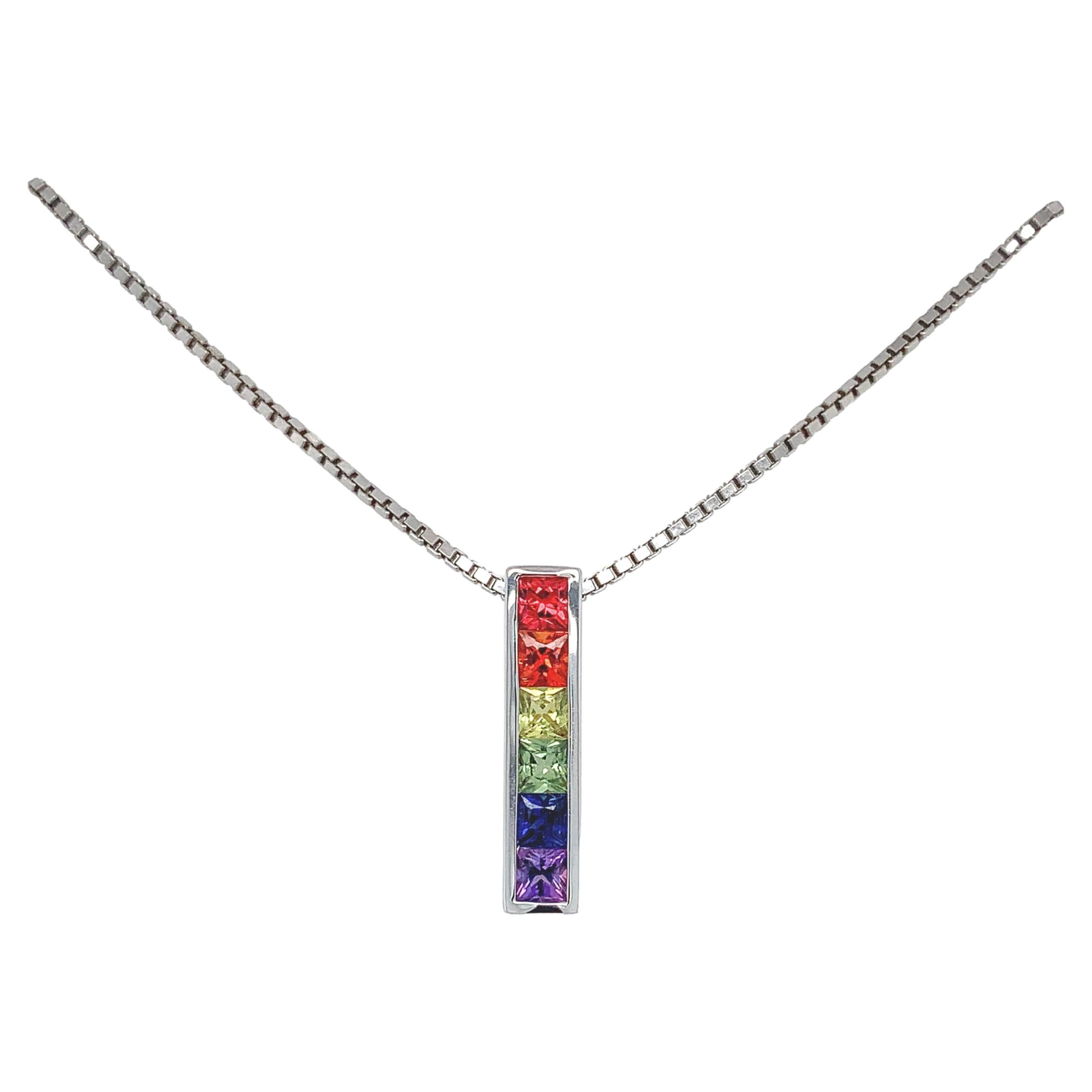 14K White Gold princess cut Rainbow Sapphire Pendant with chain For Sale