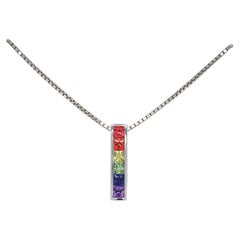 14K White Gold princess cut Rainbow Sapphire Pendant with chain