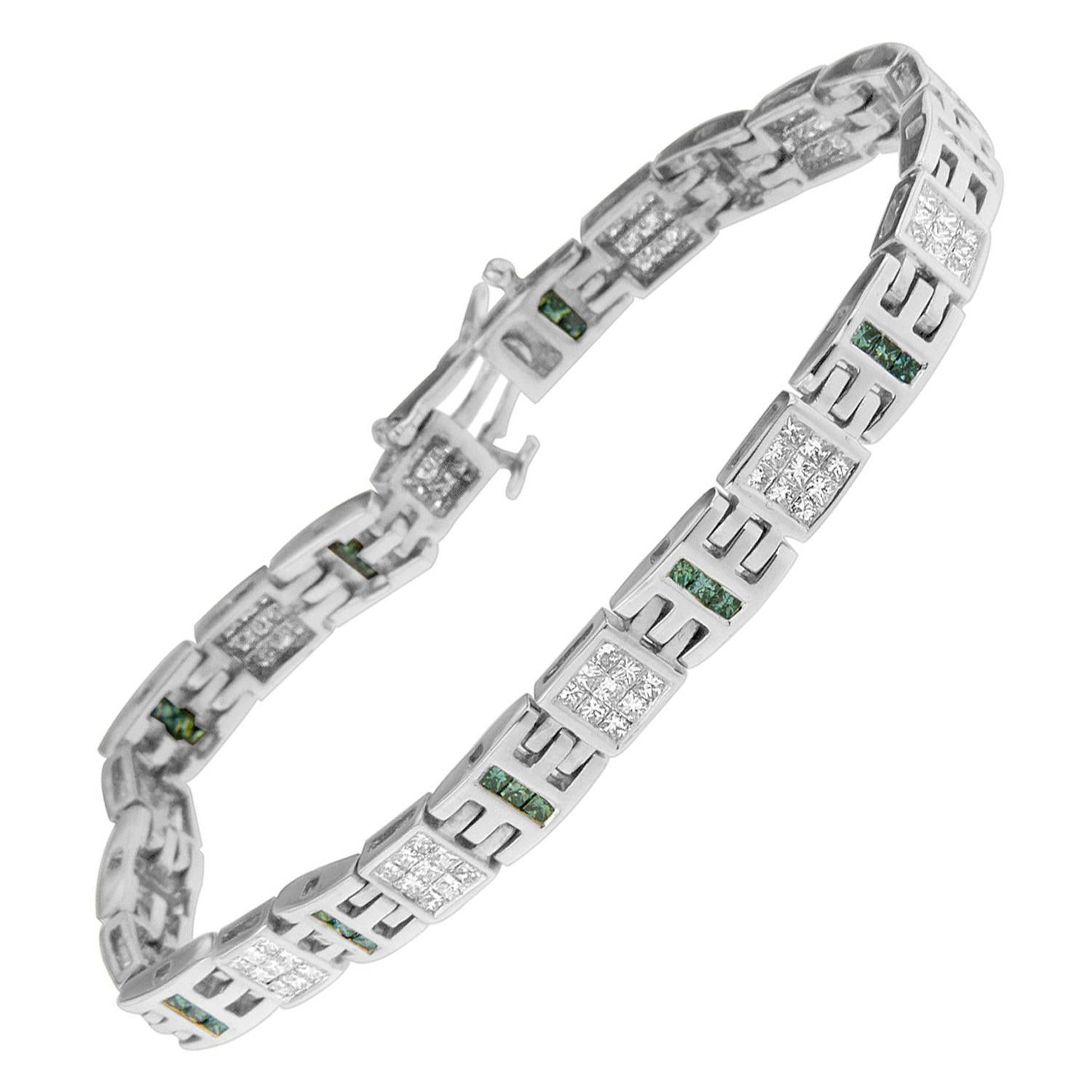 14k White Gold Princess-Cut White and Treated Blue Diamond Tennis Bracelet