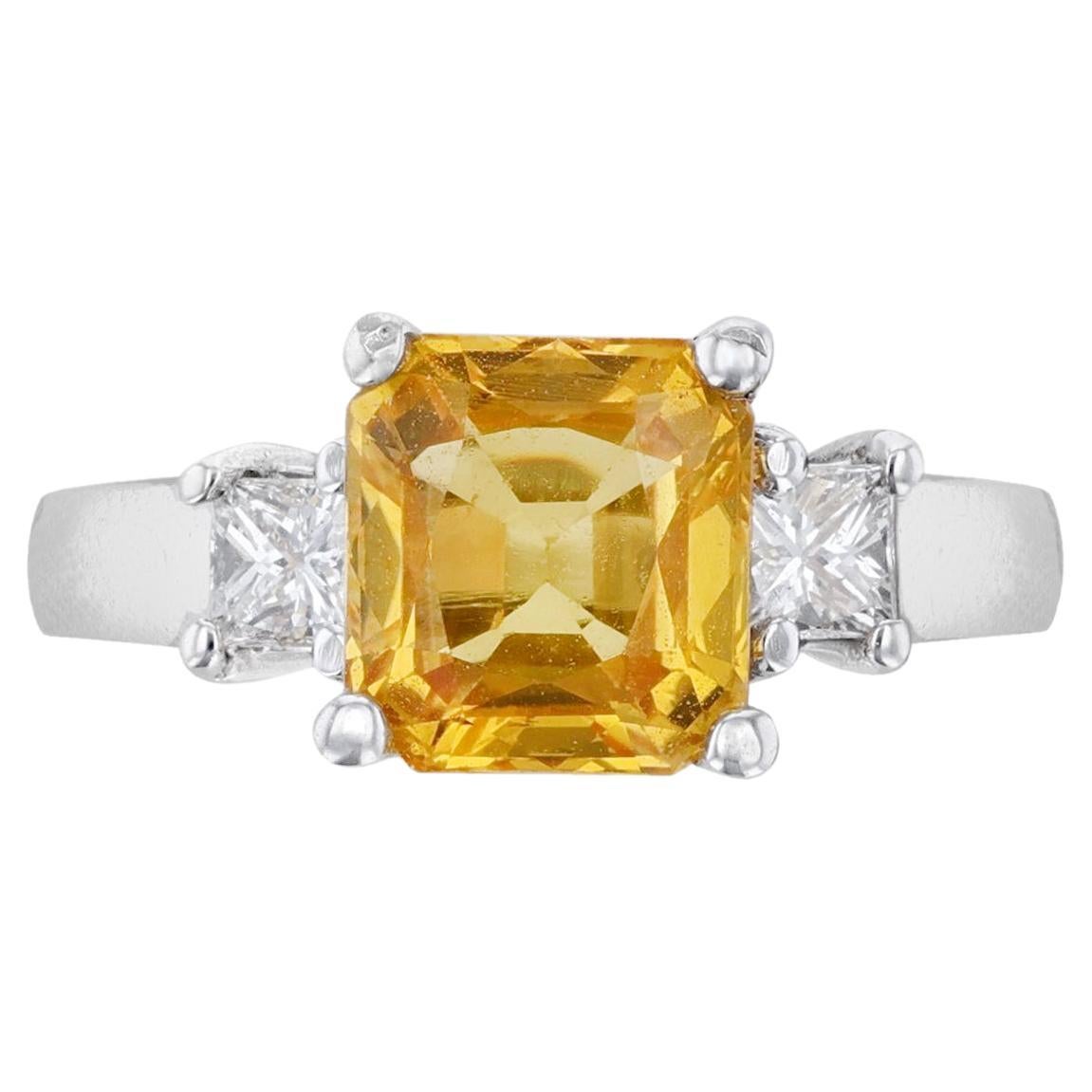 14K White Gold Princess Cut Yellow Sapphire Diamond Ring For Sale