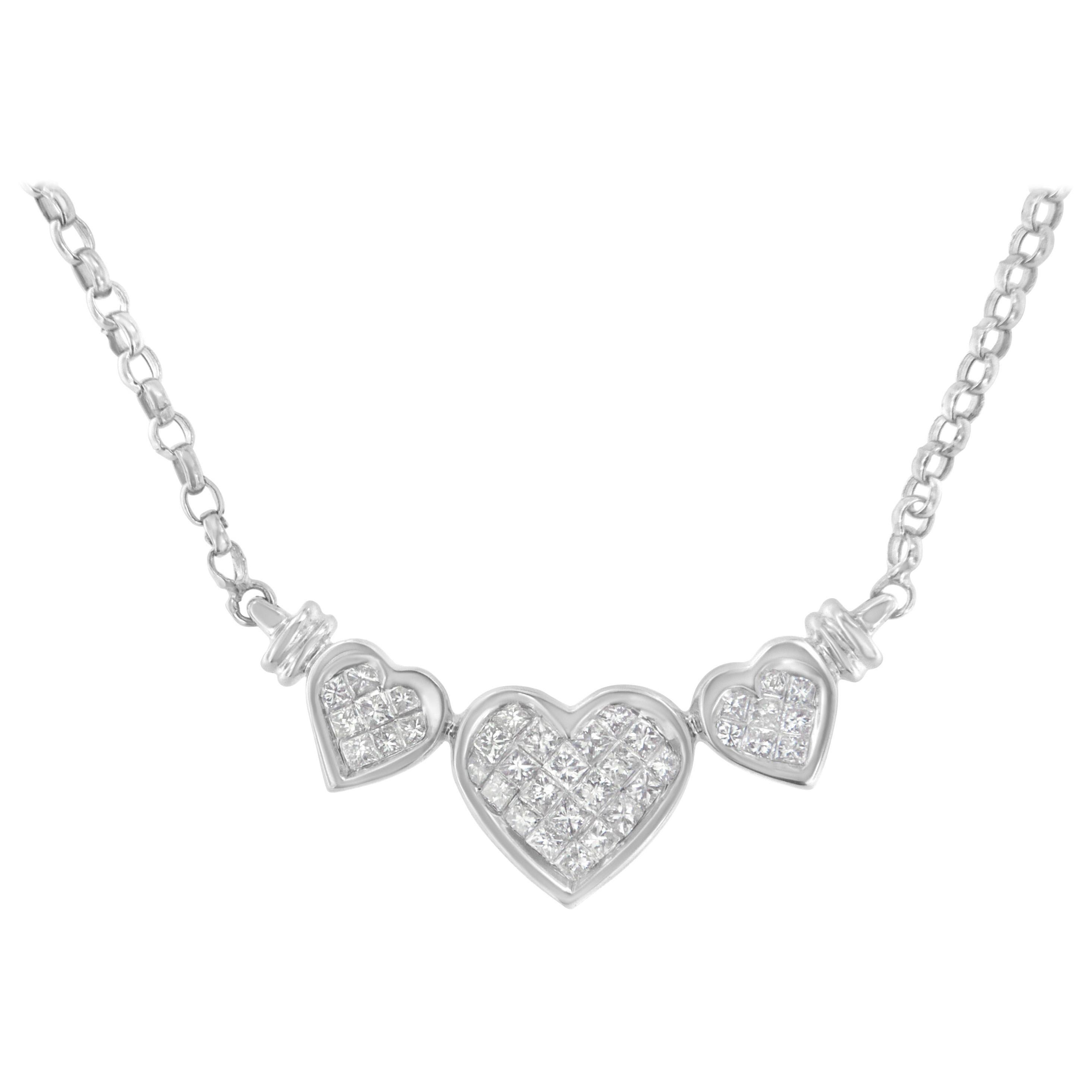 14K White Gold 1.00 Carat Diamond Triple Heart Link Statement Necklace For Sale