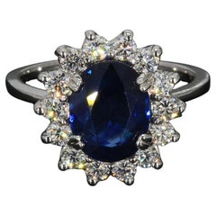 14k White Gold "Princess Diana" Diamond Halo Ring with Blue Sapphire - Size 5
