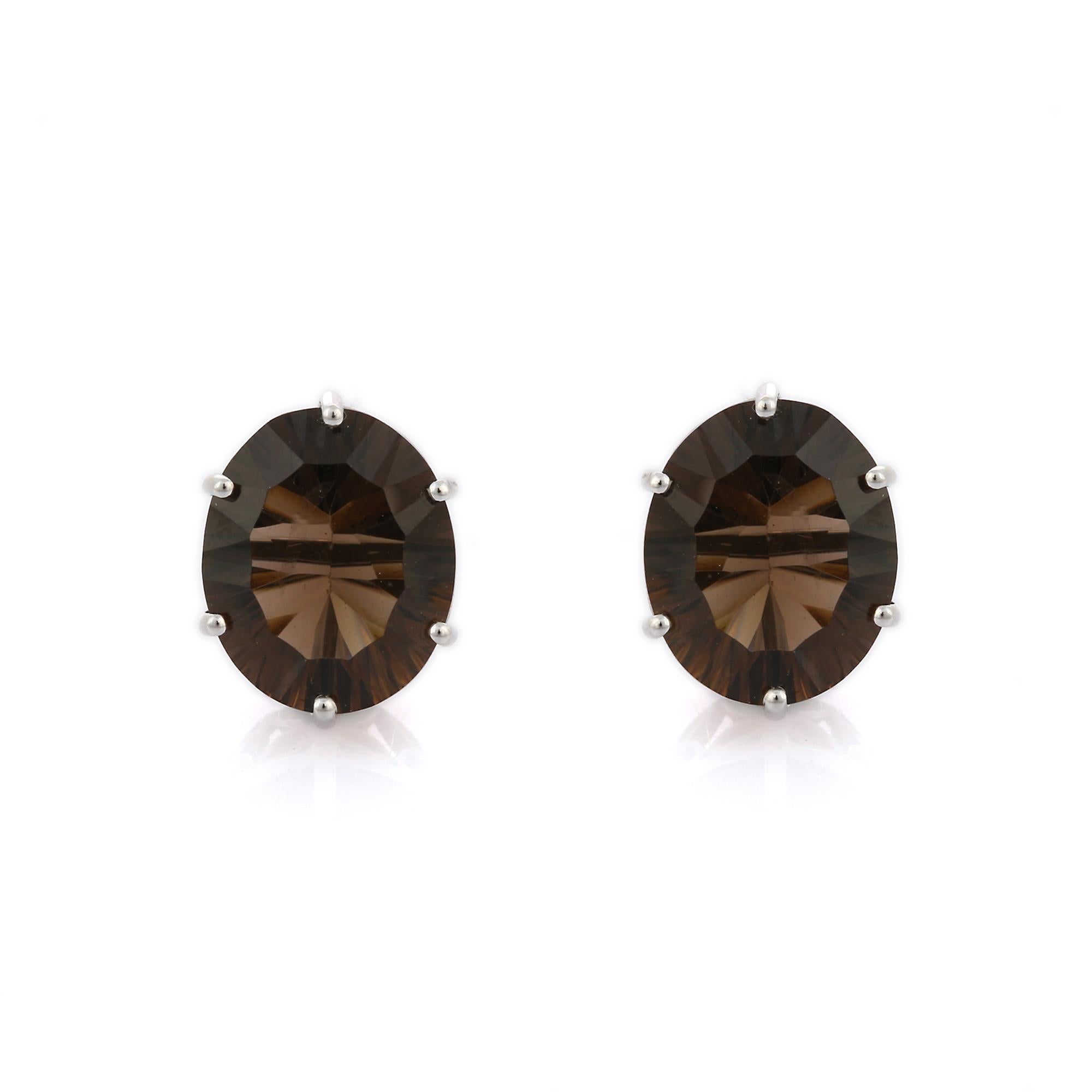 Art Deco 14k Solid White Gold Stud Earrings with 7.21 ct Dark Brown Smoky Quartz Gemstone For Sale