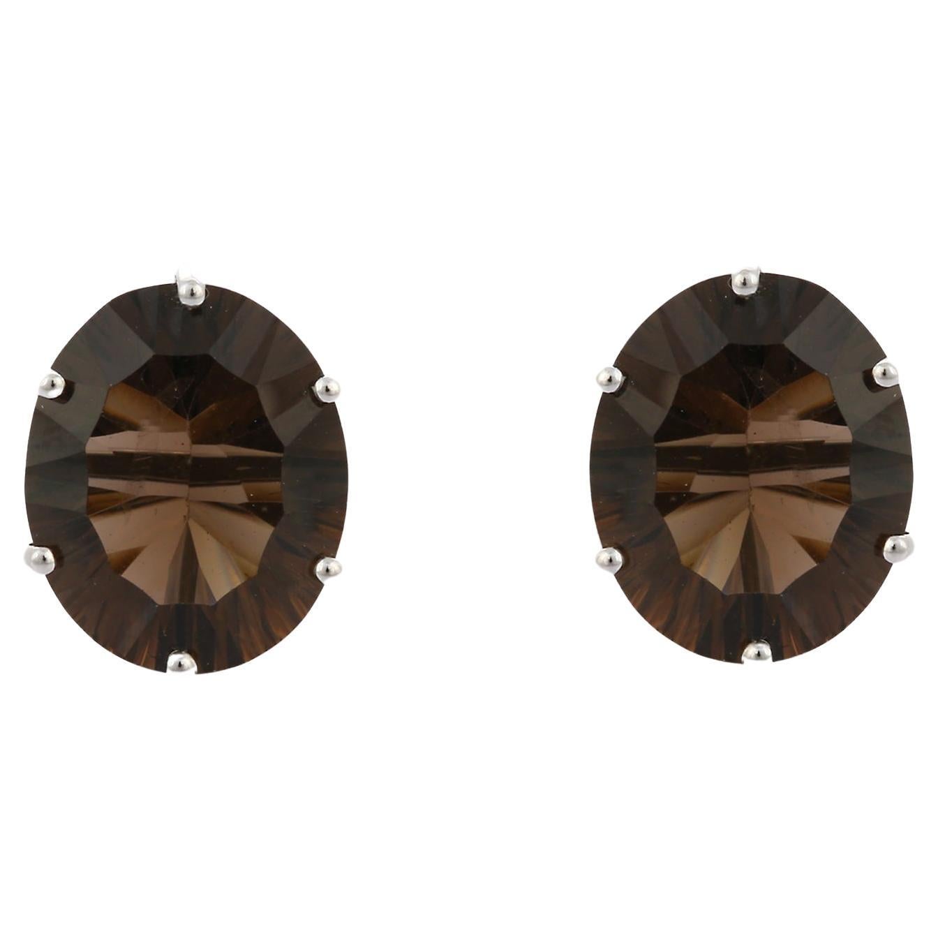 14k Solid White Gold Stud Earrings with 7.21 ct Dark Brown Smoky Quartz Gemstone