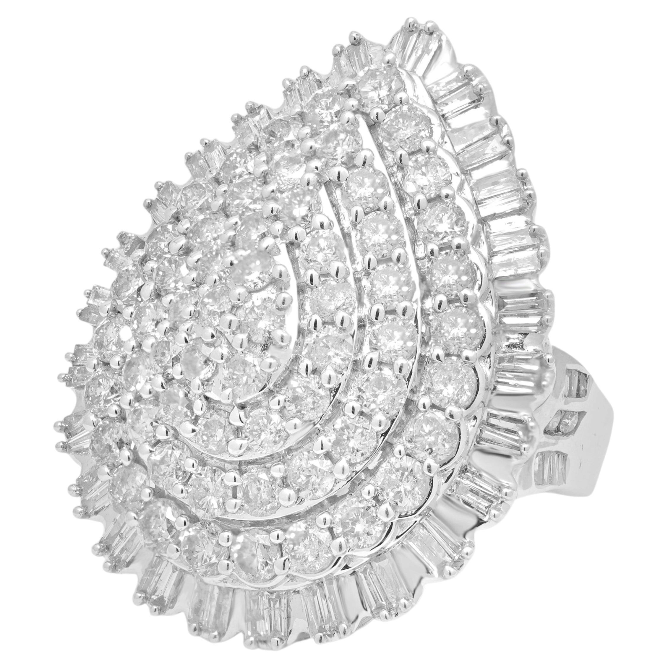 14k White Gold Prong Set Round and Baguette Cut Diamond Pear-Shaped Cluster Ring For Sale