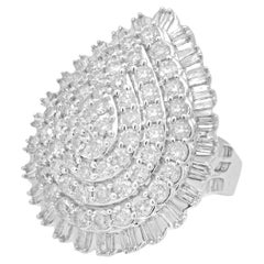 14k White Gold Prong Set Round and Baguette Cut Diamond Pear-Shaped Cluster Ring