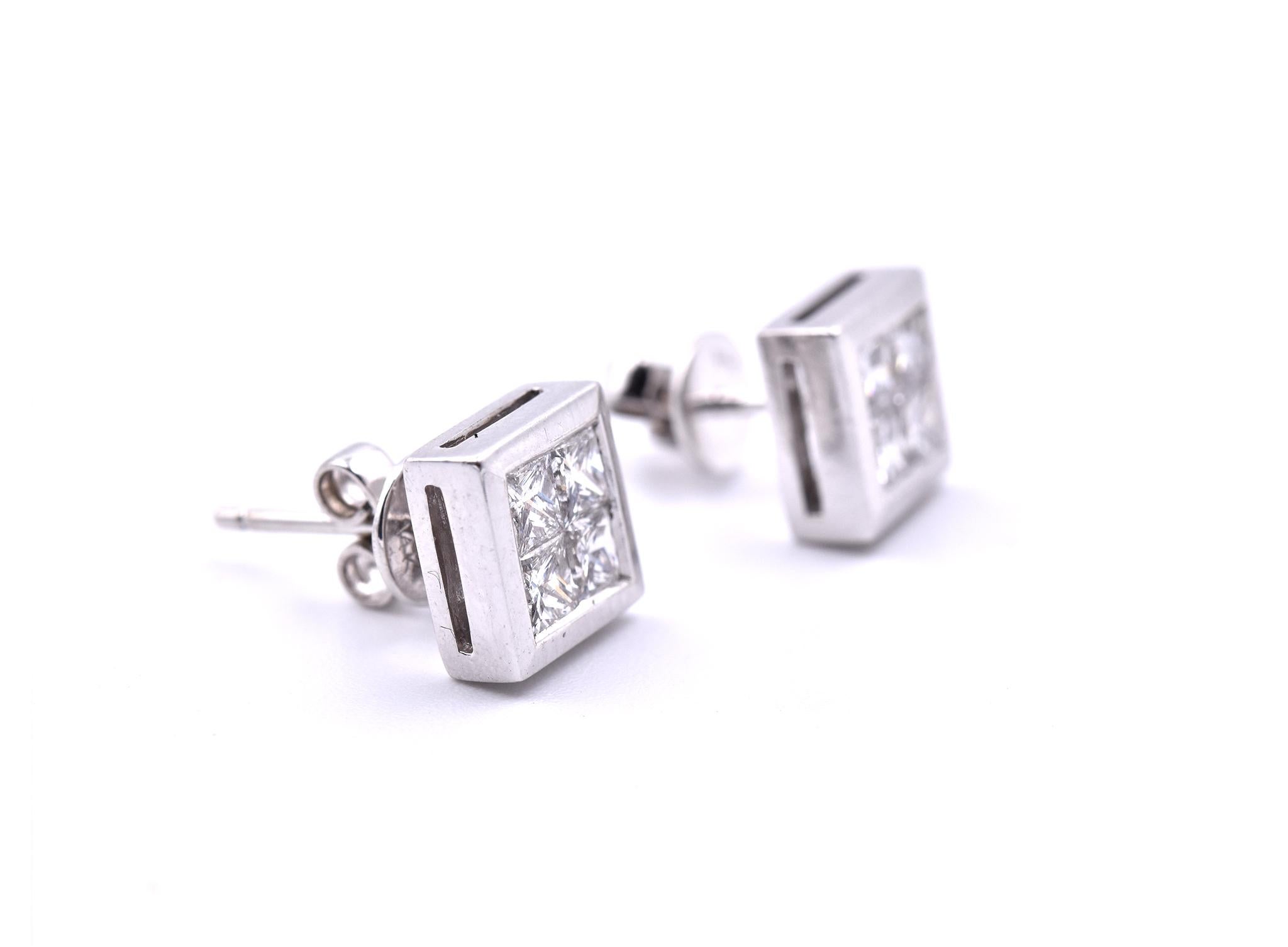 Designer: custom design
Material: 14k white gold
Diamonds: 8 princess cut = 1.00cttw
Color: G
Clarity: VS
Dimensions: earrings are approximately 7.50mm by 7.50mm
Fastenings: post 
Weight: 3.08 grams
