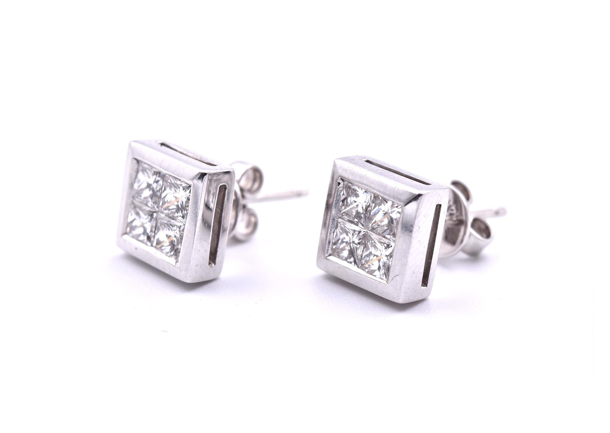 Princess Cut 14 Karat White Gold Quadset Diamond Stud Earrings For Sale