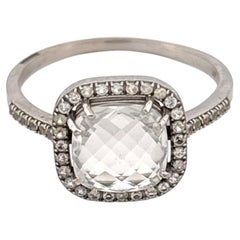 14K White Gold Checkerboard-Cut Quartz Halo Ring, Late 20th Century