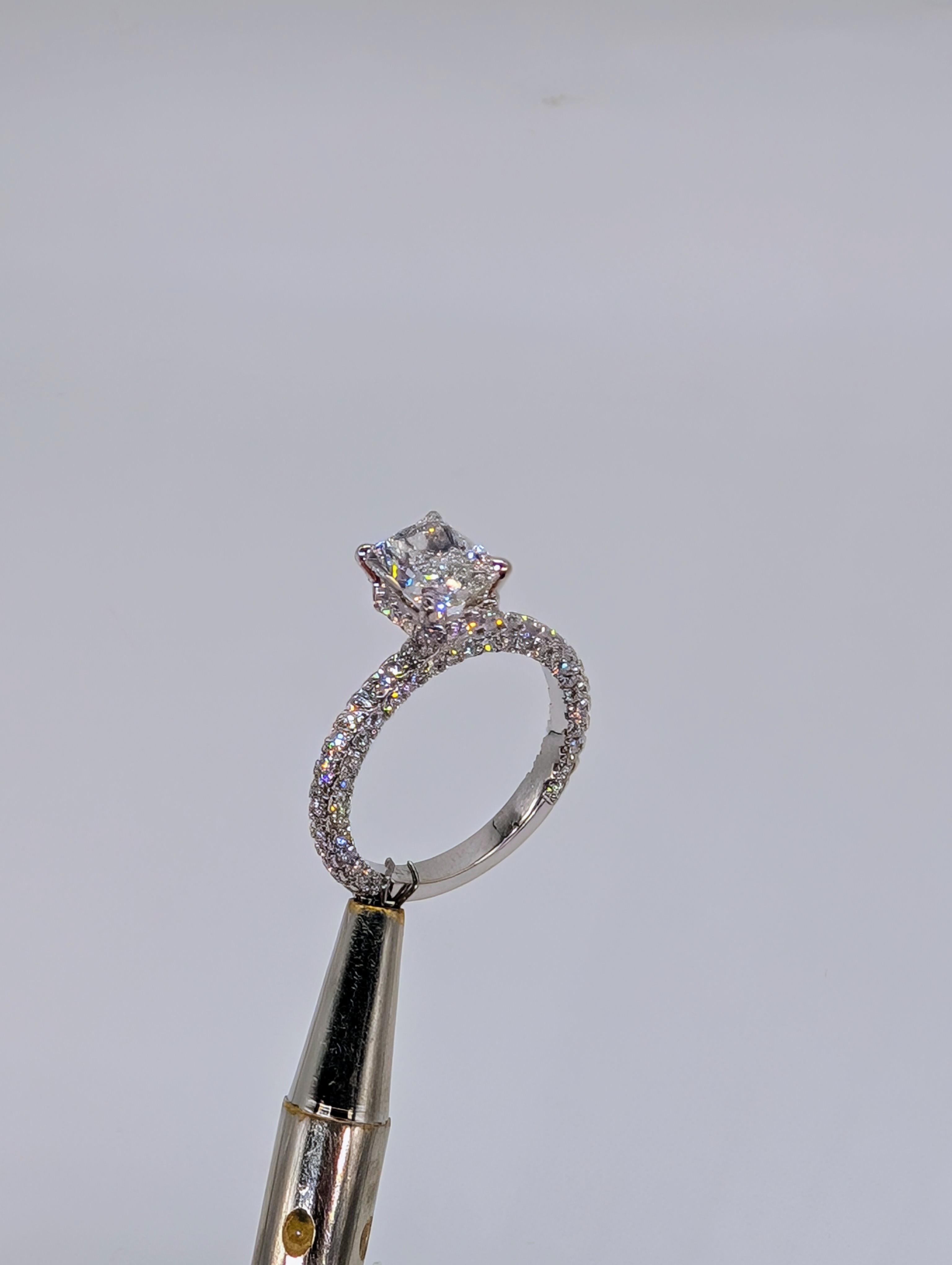 Women's 14K White Gold Radiant Cut 1.51ct E, VS2 Engagement Ring 3-D Setting 1.10ct. For Sale