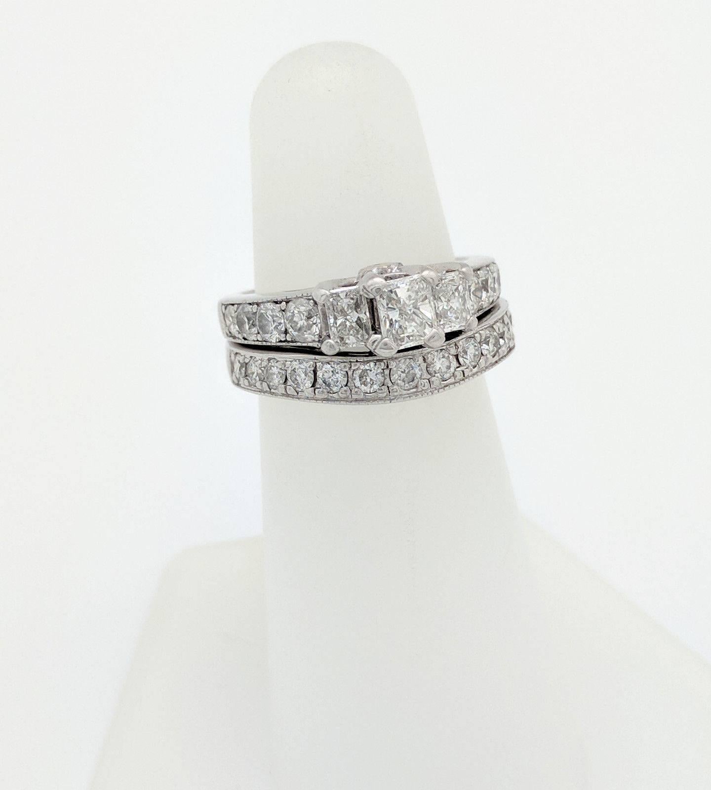 14 Karat White Gold Radiant Cut Three-Stone 2.15 Carat Diamond Engagement Ring In Excellent Condition For Sale In Gainesville, FL
