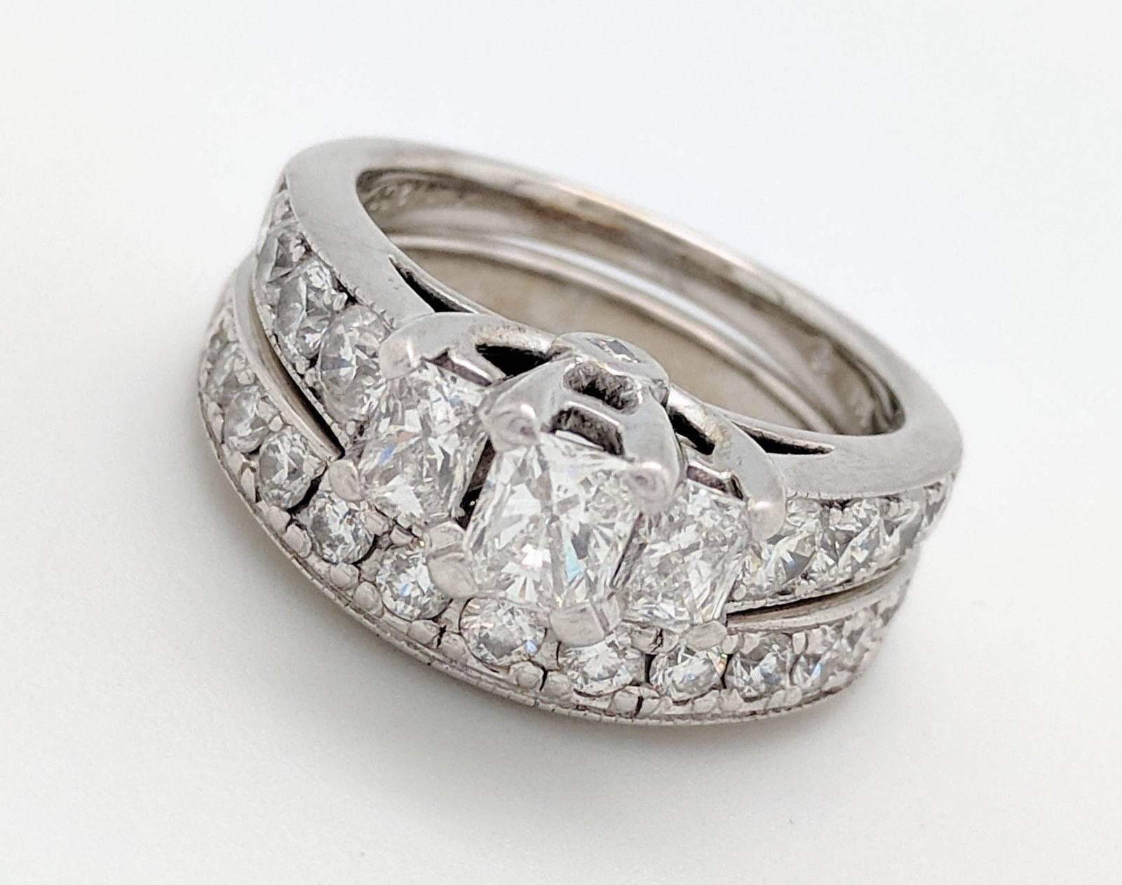 Women's or Men's 14 Karat White Gold Radiant Cut Three-Stone 2.15 Carat Diamond Engagement Ring For Sale