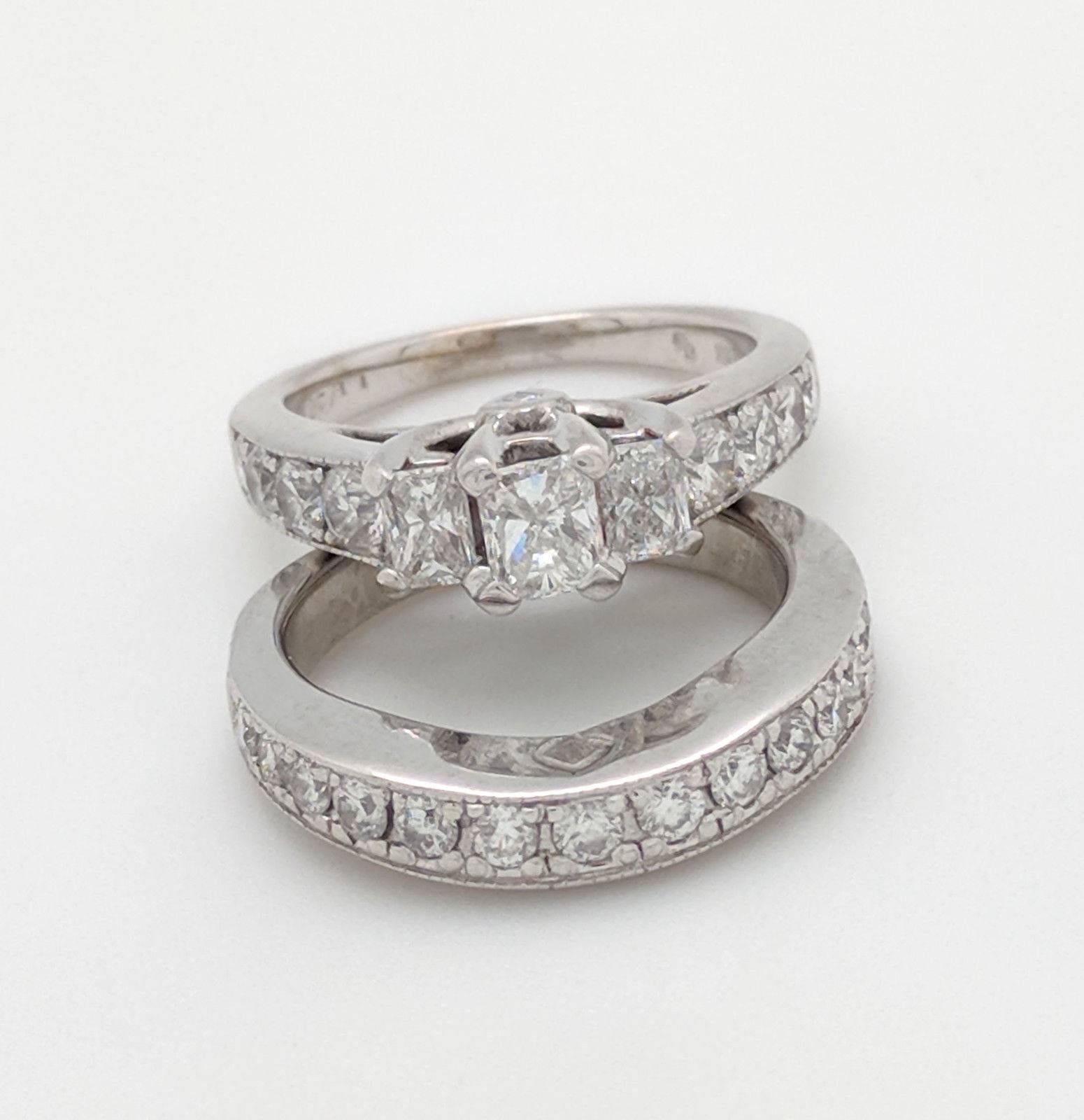 14 Karat White Gold Radiant Cut Three-Stone 2.15 Carat Diamond Engagement Ring For Sale 1