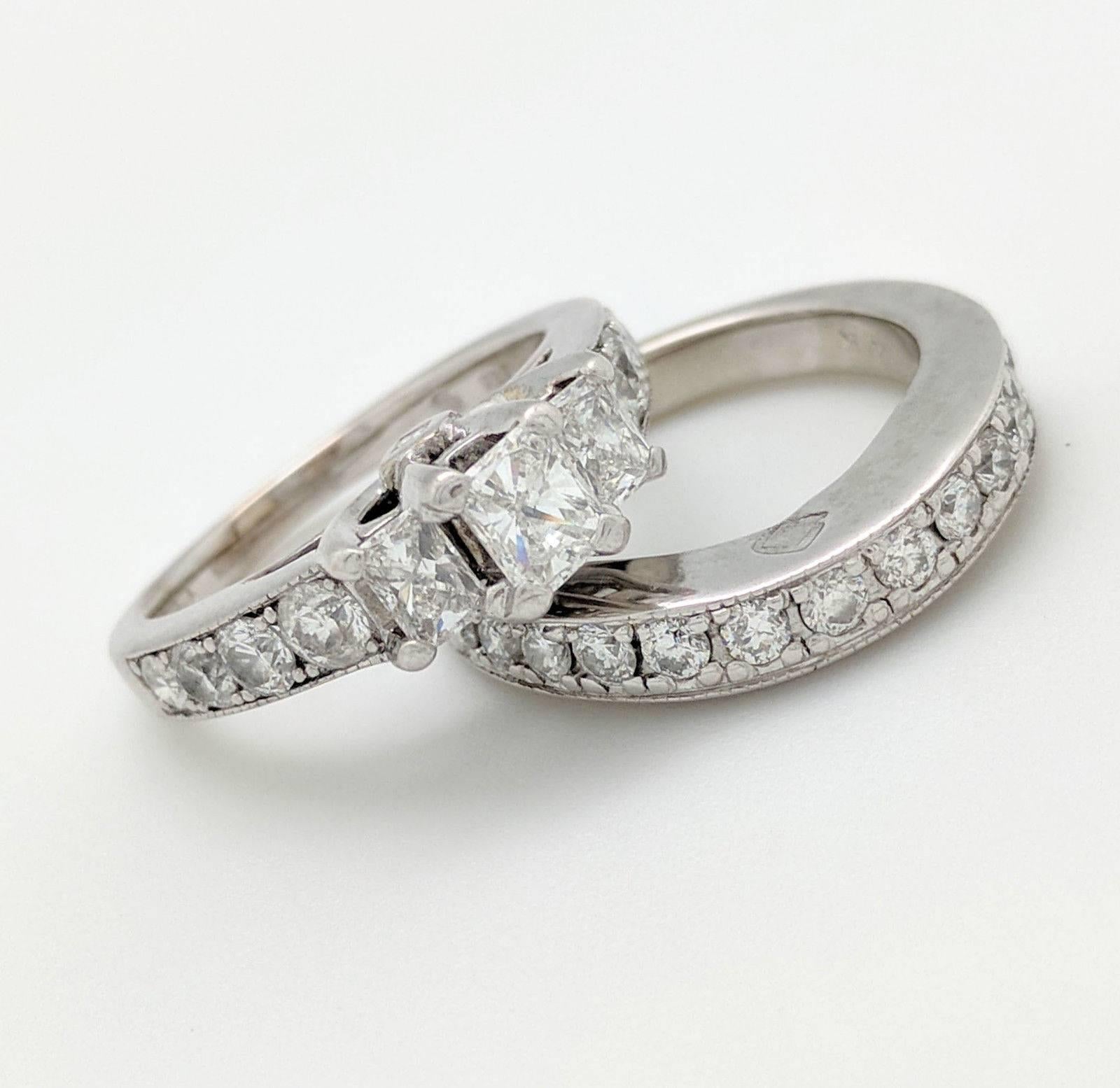14 Karat White Gold Radiant Cut Three-Stone 2.15 Carat Diamond Engagement Ring For Sale 2