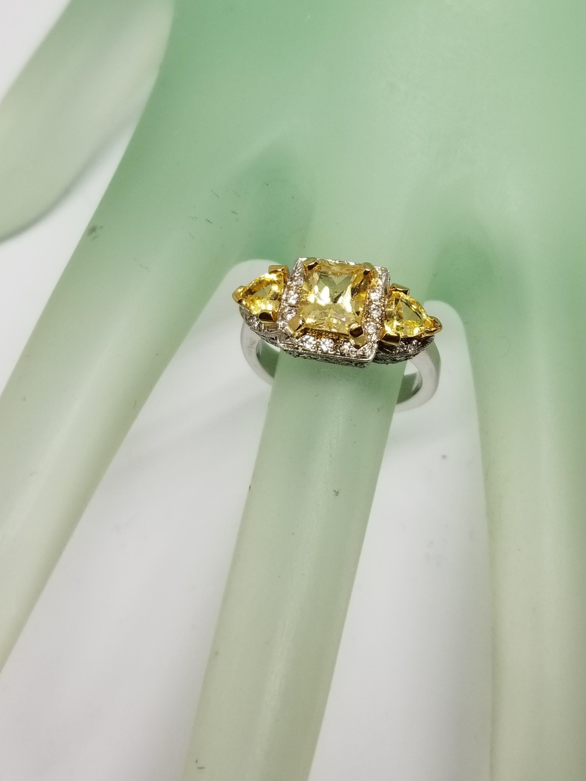 14 Karat White Gold Radiant Cut Yellow Sapphire Halo and Diamond Ring For Sale 1