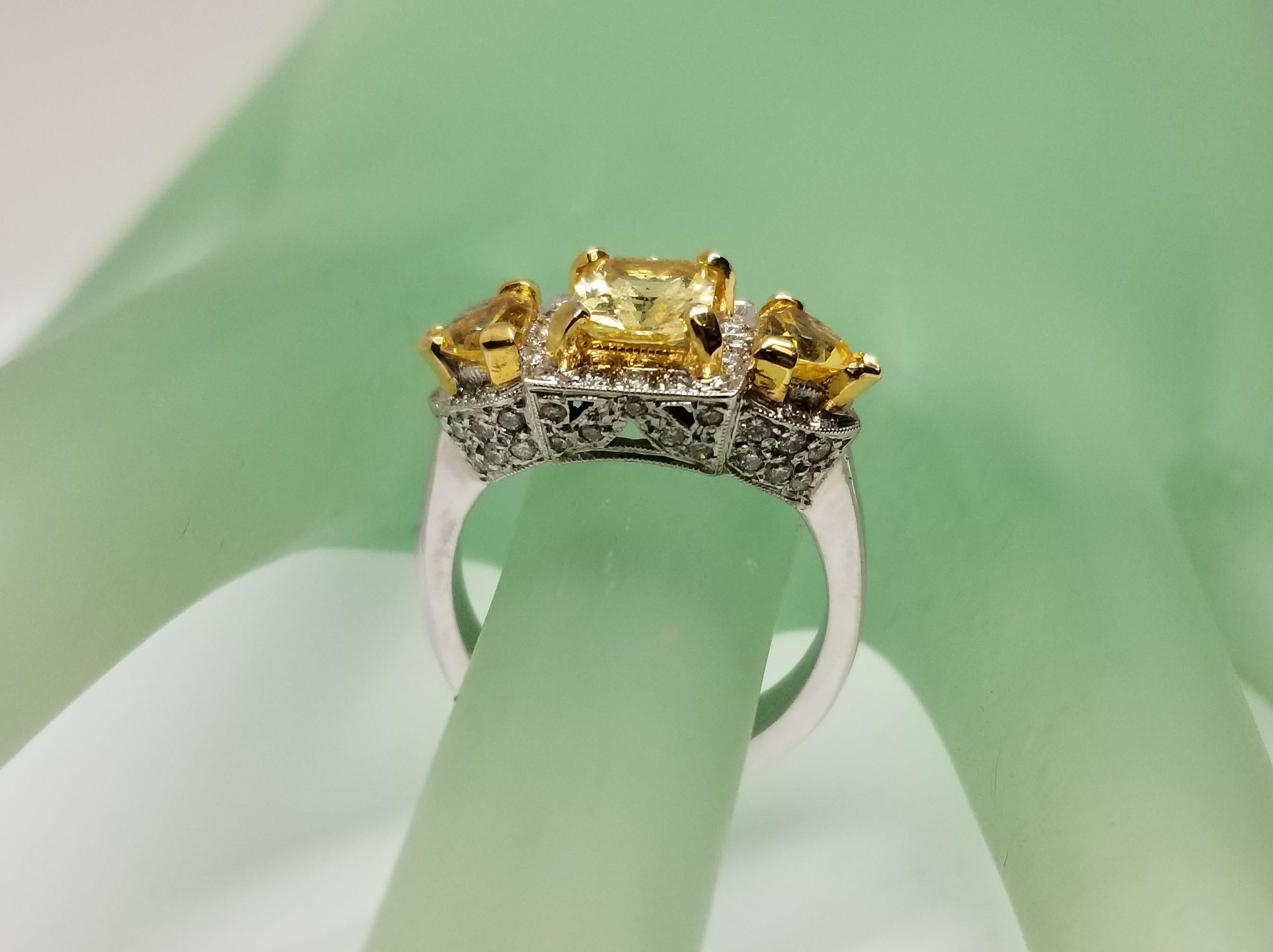 14 Karat White Gold Radiant Cut Yellow Sapphire Halo and Diamond Ring For Sale 2