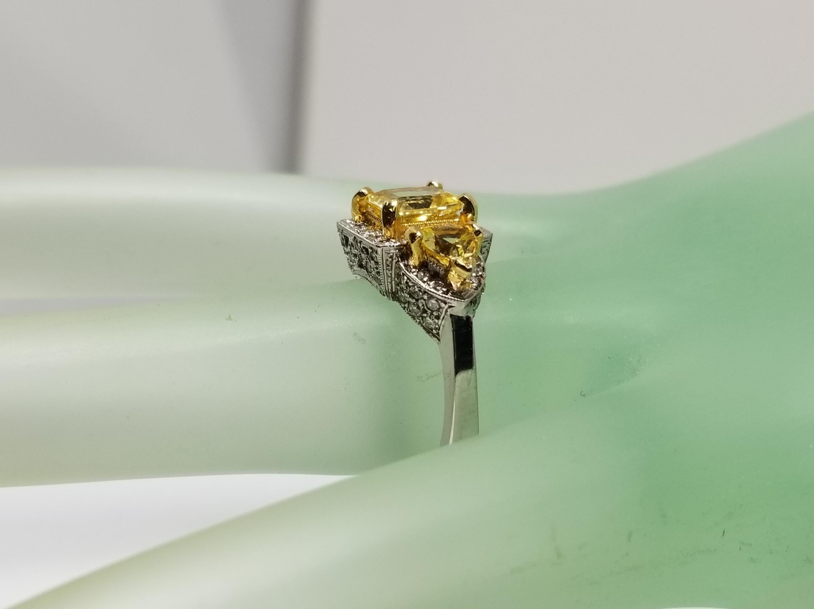 14 Karat White Gold Radiant Cut Yellow Sapphire Halo and Diamond Ring For Sale 3