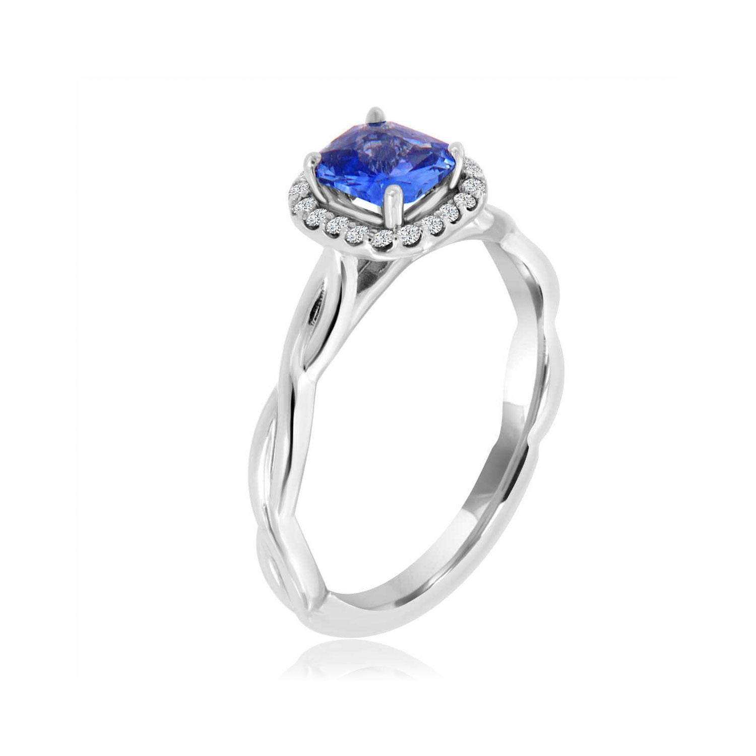 This infinity style ring features a 0.75 - carat square radiant Sri Lankan Light Blue Sapphire encircled by a halo of round melee diamonds. Experience the difference in person!

Product details: 

Center Gemstone Type: SAPPHIRE
Center Gemstone Carat
