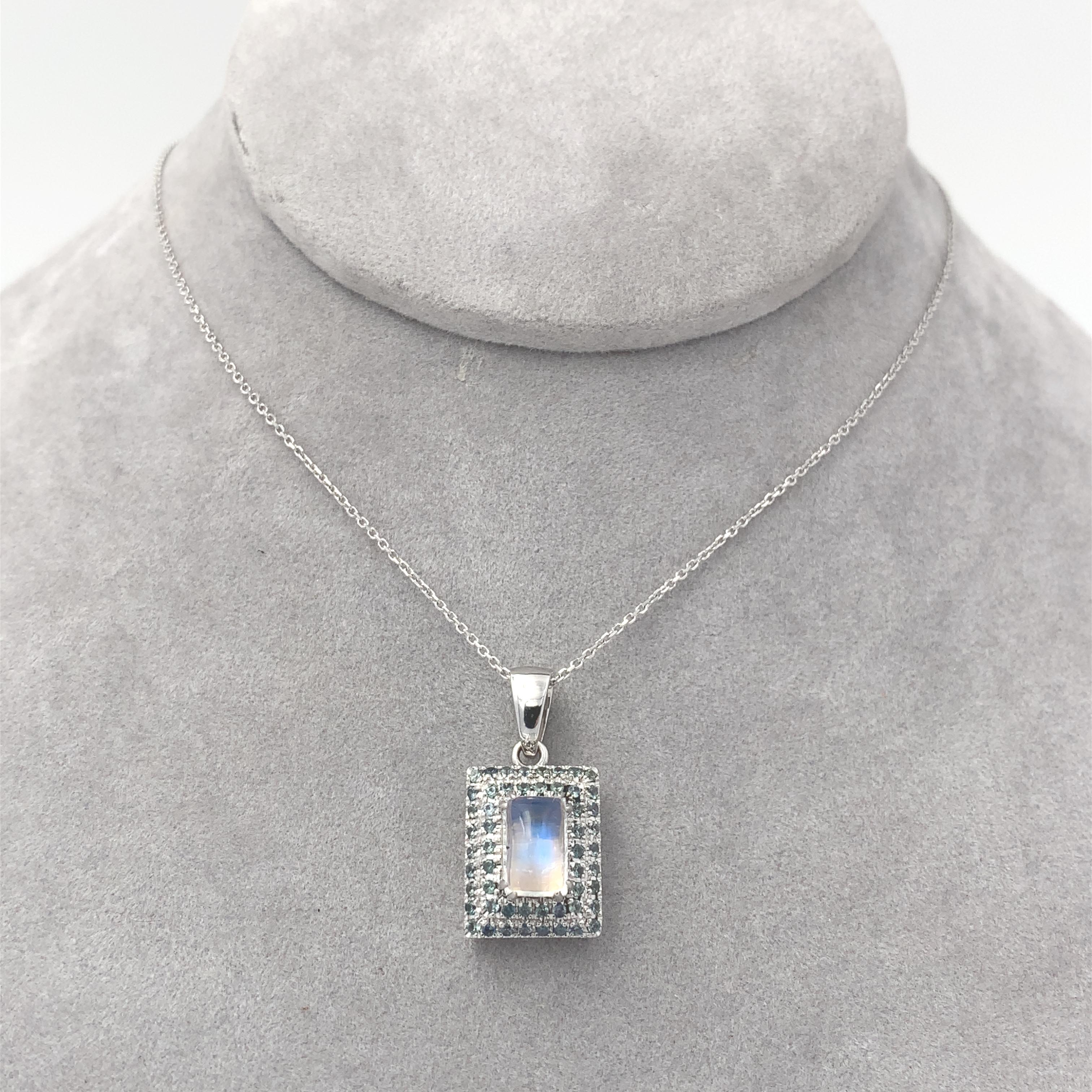 Modern 14K white gold Rainbow Moonstone and Teal Sapphire Pendant For Sale