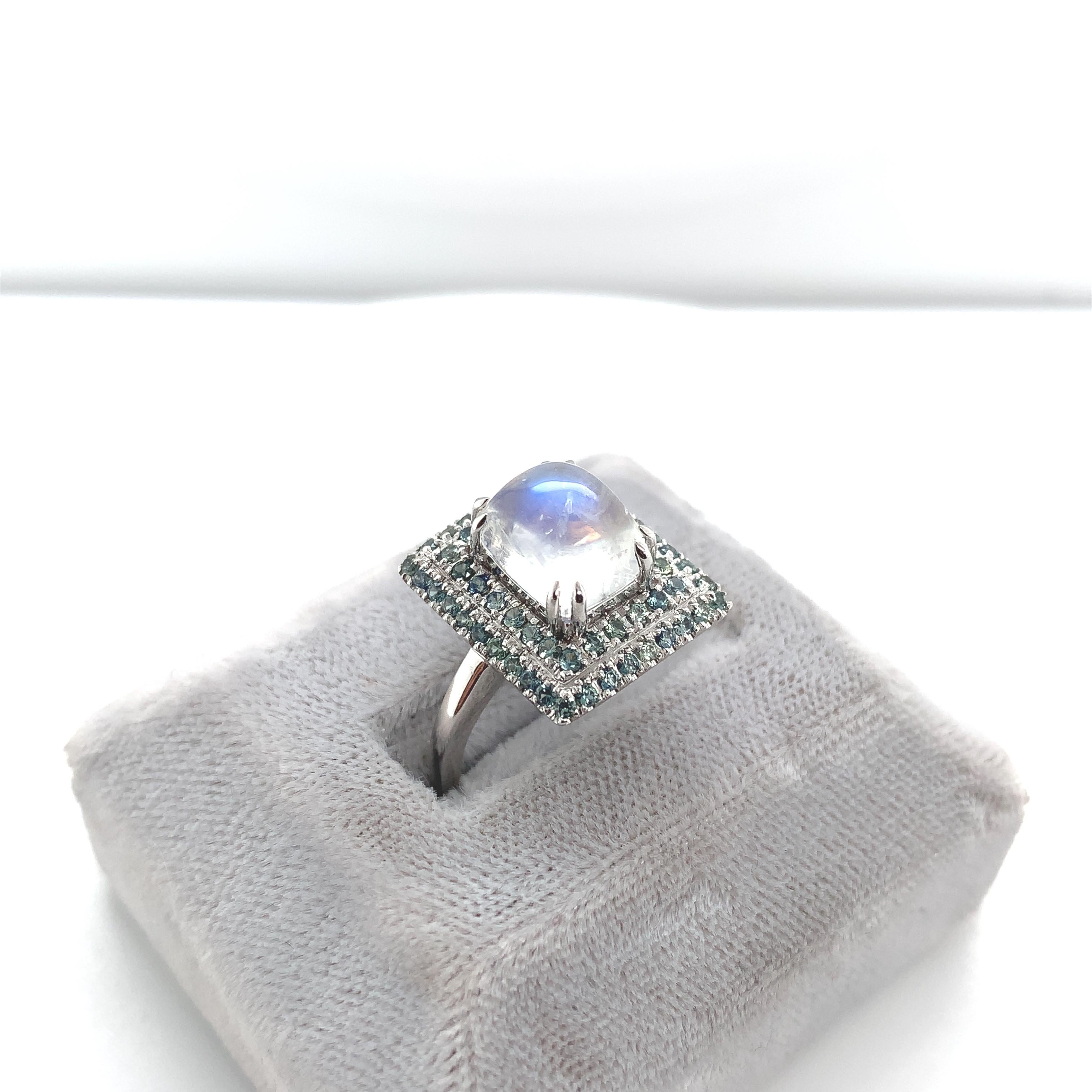 Cabochon 14K White Gold Rainbow Moonstone and Teal Sapphire Ring For Sale